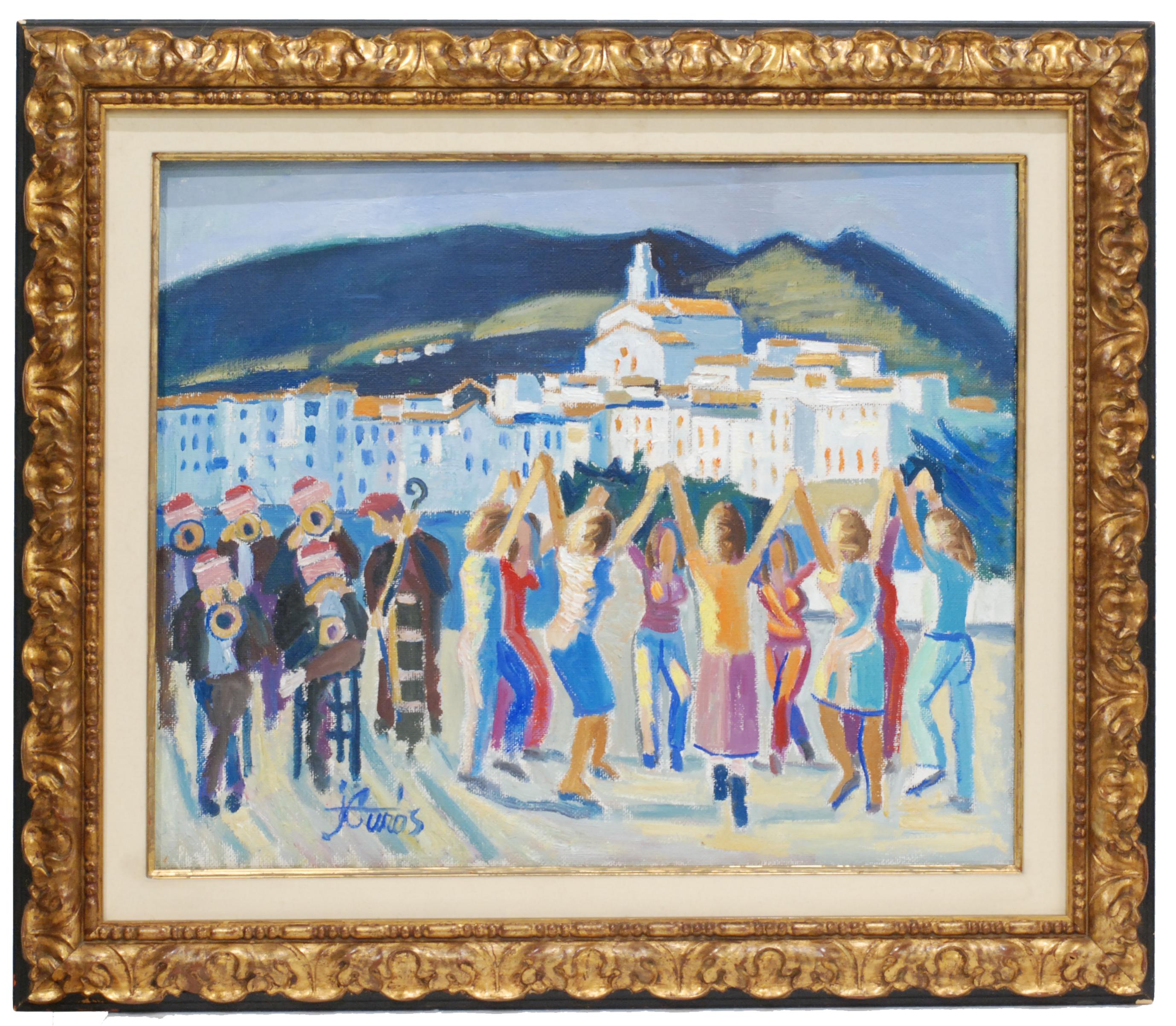 JORDI CURÓS (1930-2017), Sardana a Cadaqués, Óleo sobre lie