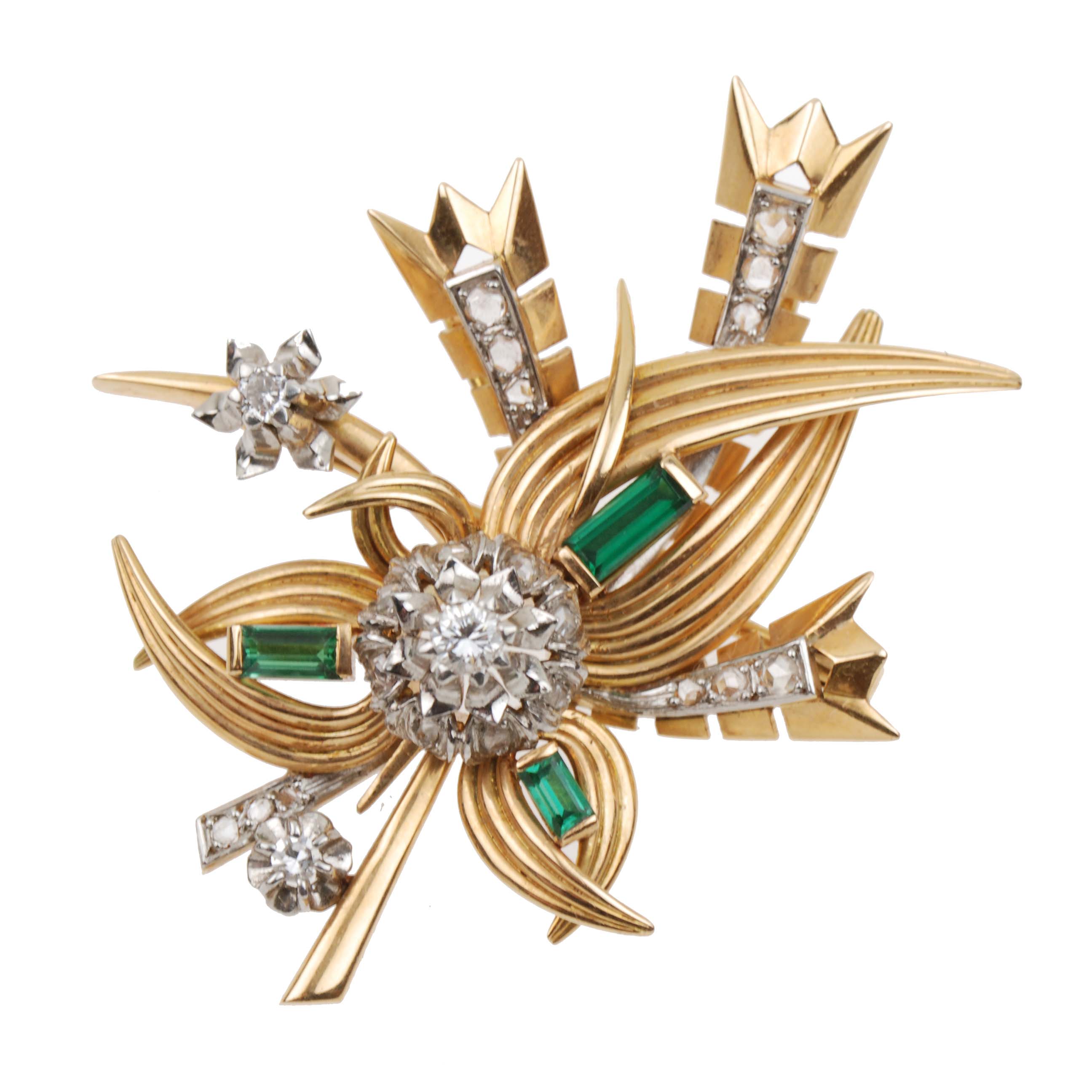 DIAMONDS AND EMERALD BROOCH, 1960&#39;S.