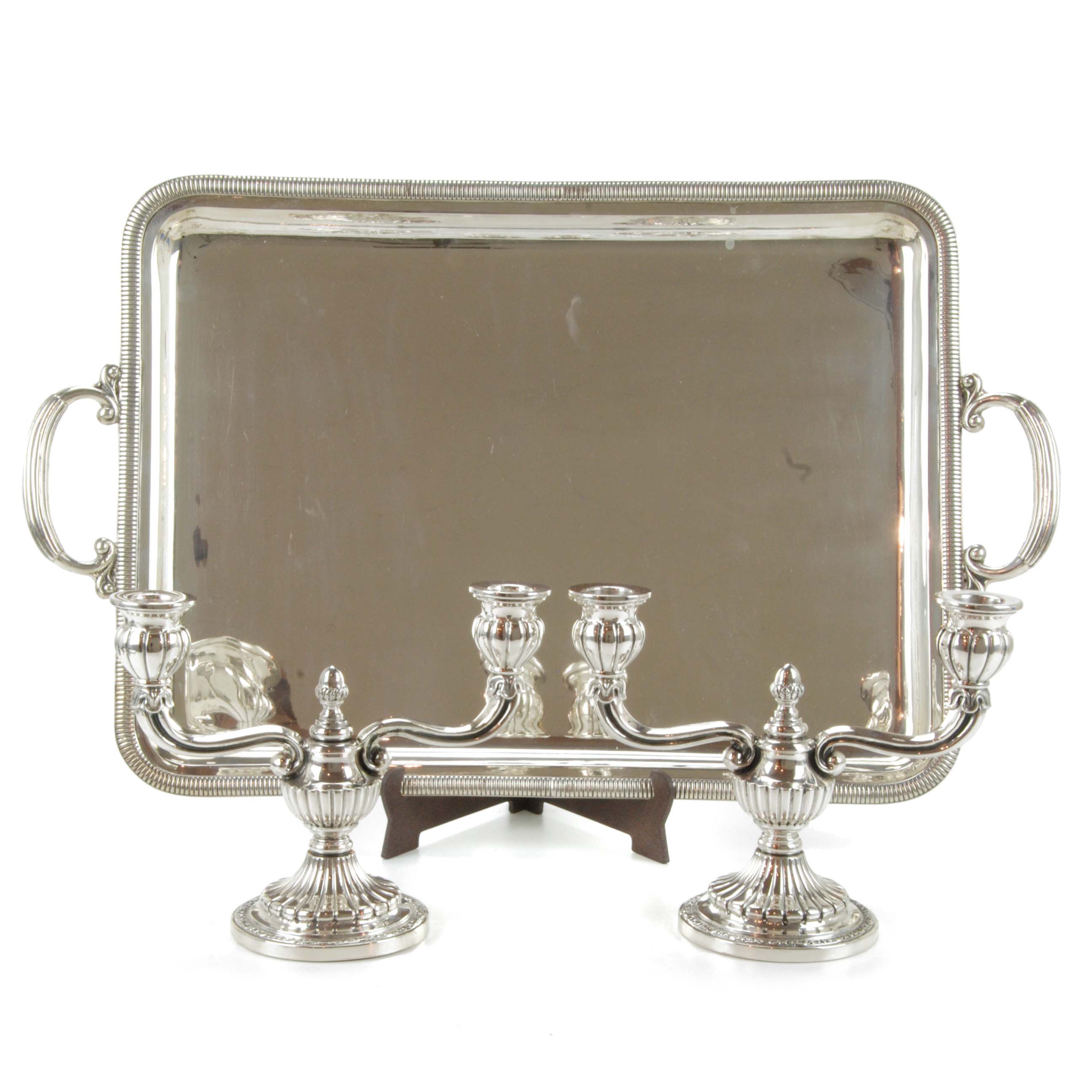 SPANISH SILVER TRAY AND CANDELABRAS, MID C20th