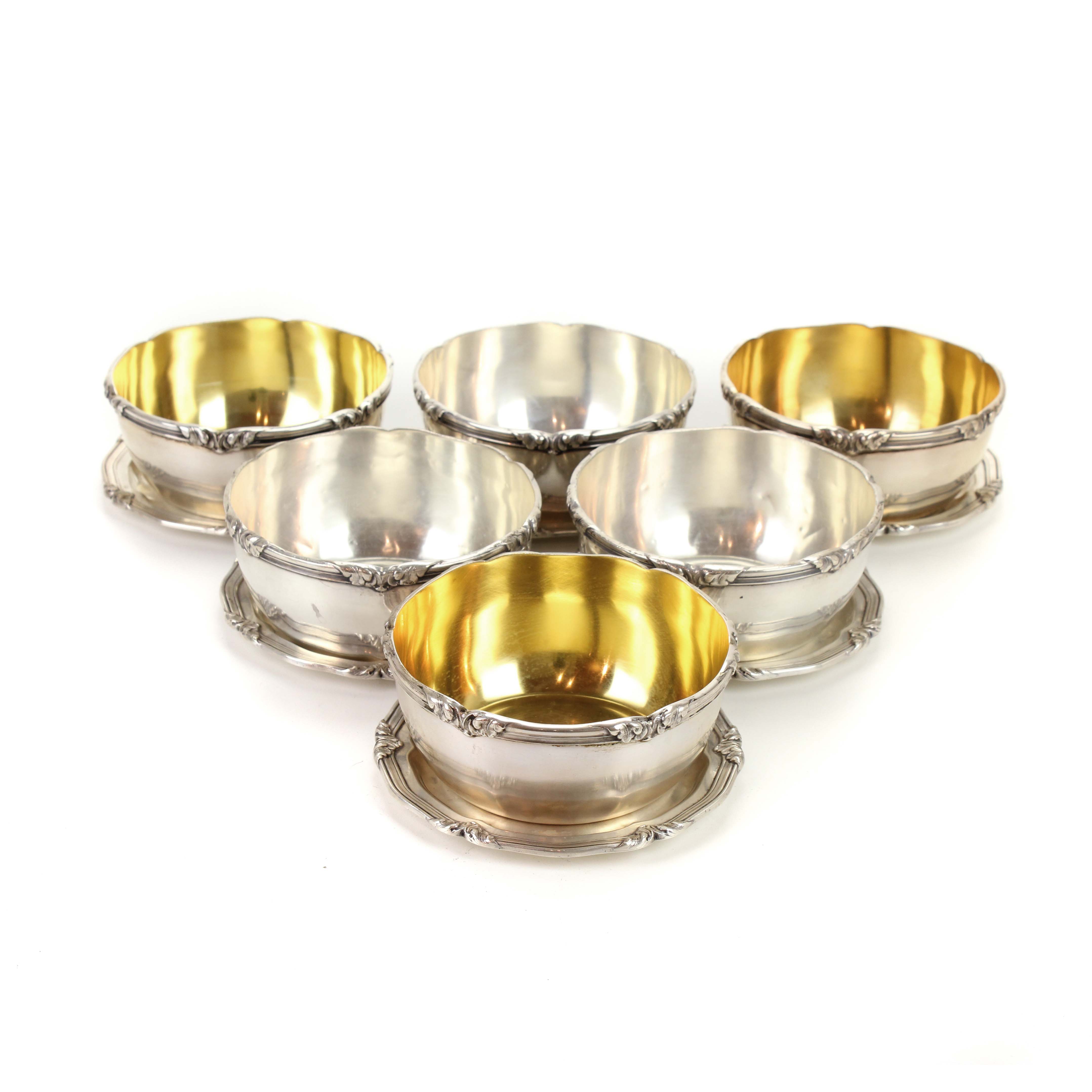 SET OF SIX BARCELONA SILVER SIDE PLATES AND FINGER BOWLS, M