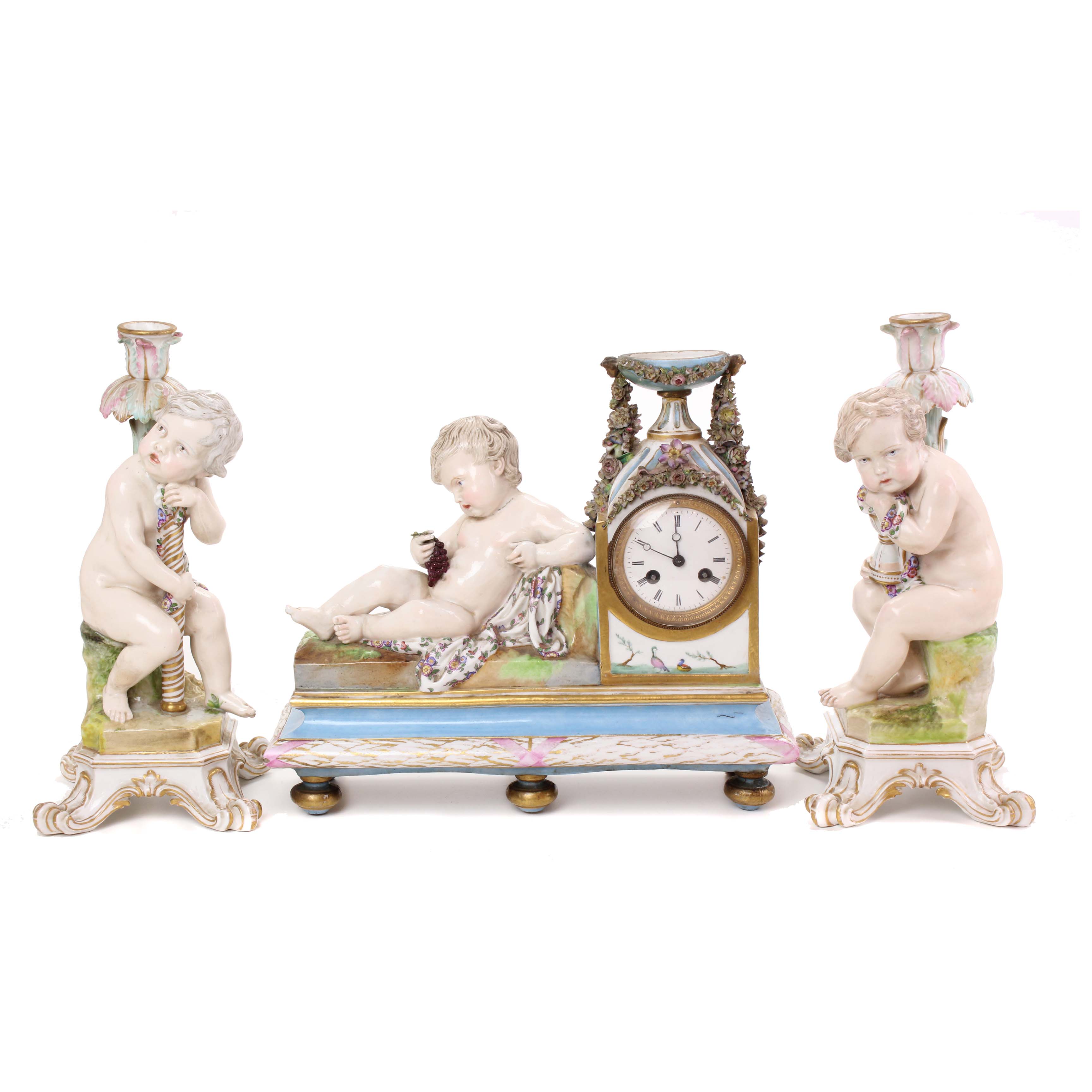 MEISSEN TABLE CLOCK WITH ACCOMPANYING ORNAMENTS, MID C18th-