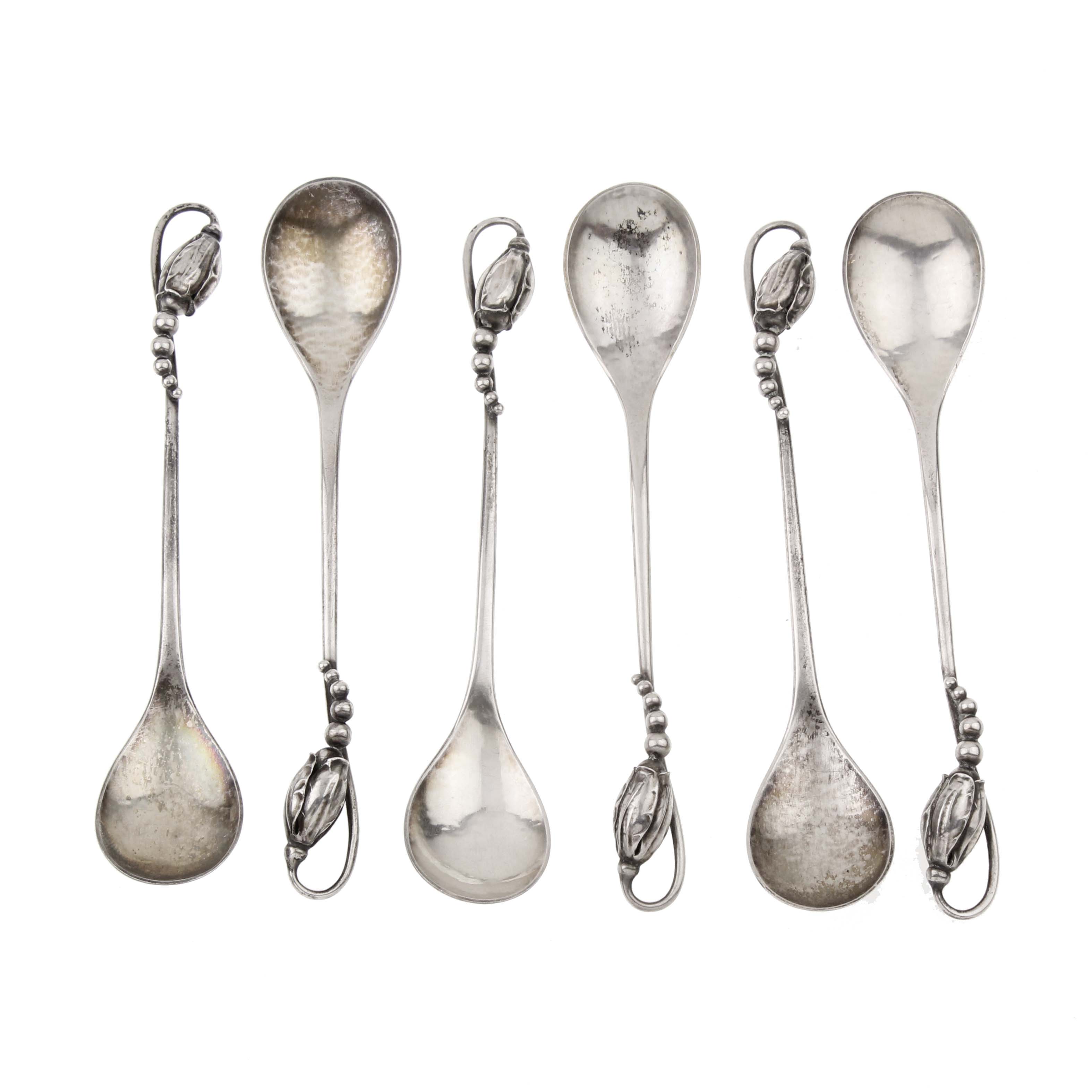 GEORG JENSEN (1866-1935). SET OF SIX SMALL SILVER SPOONS, 1