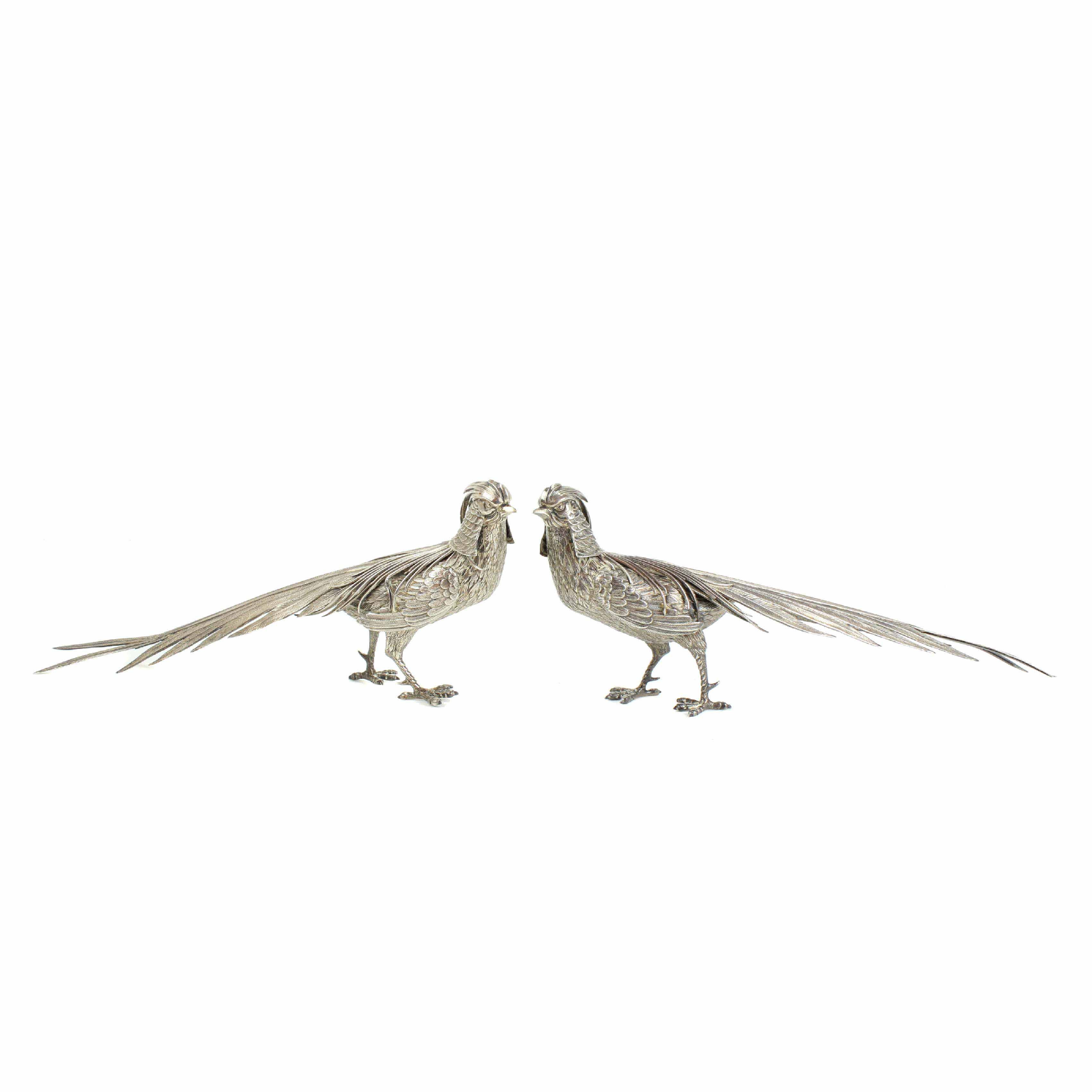 PAIR OF SPANISH SILVER PHEASANTS, MID 20TH CENTURY.