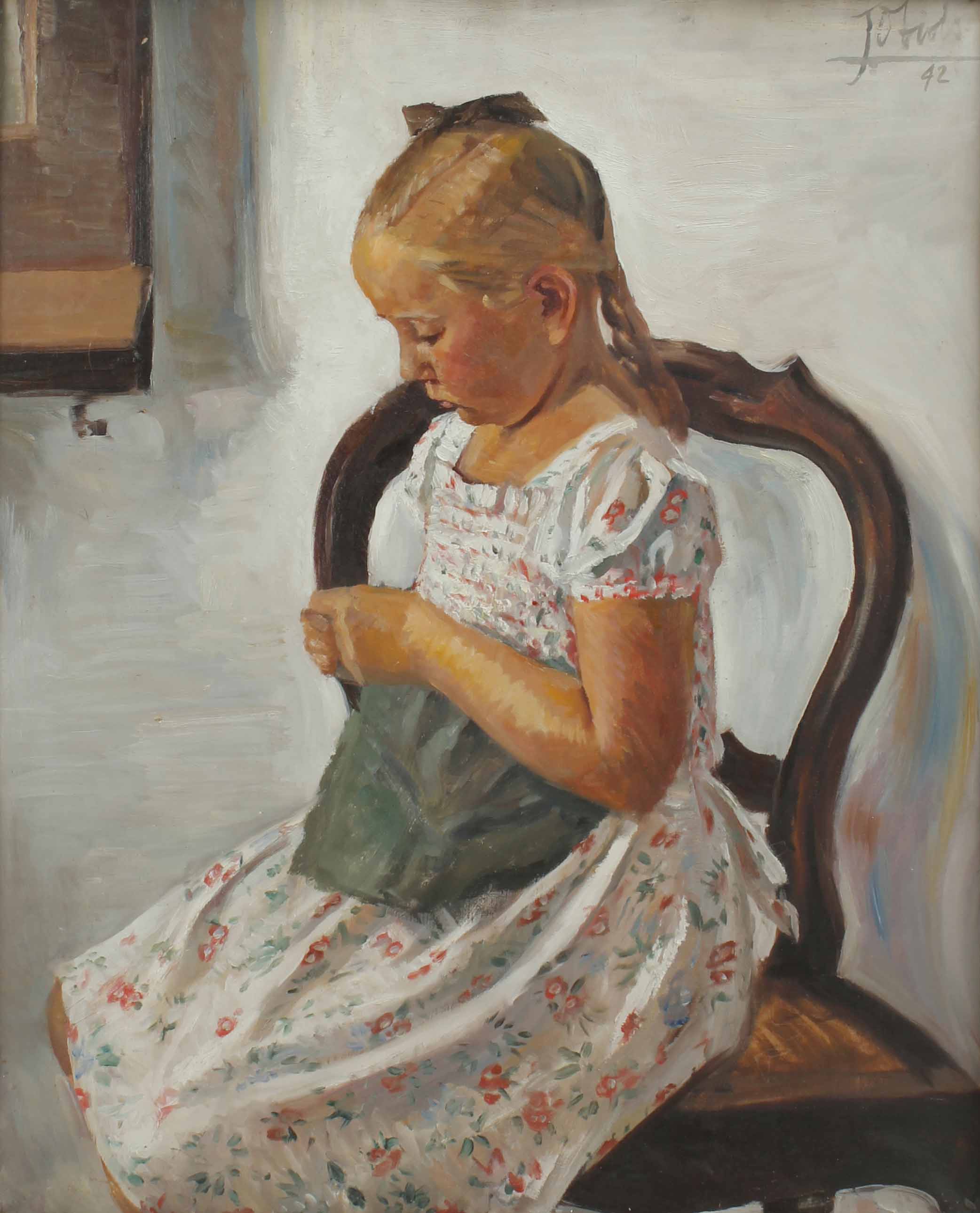 JOSEP OBIOLS PALAU (1894-1967). "NIÑA COSIENDO", 1942.  