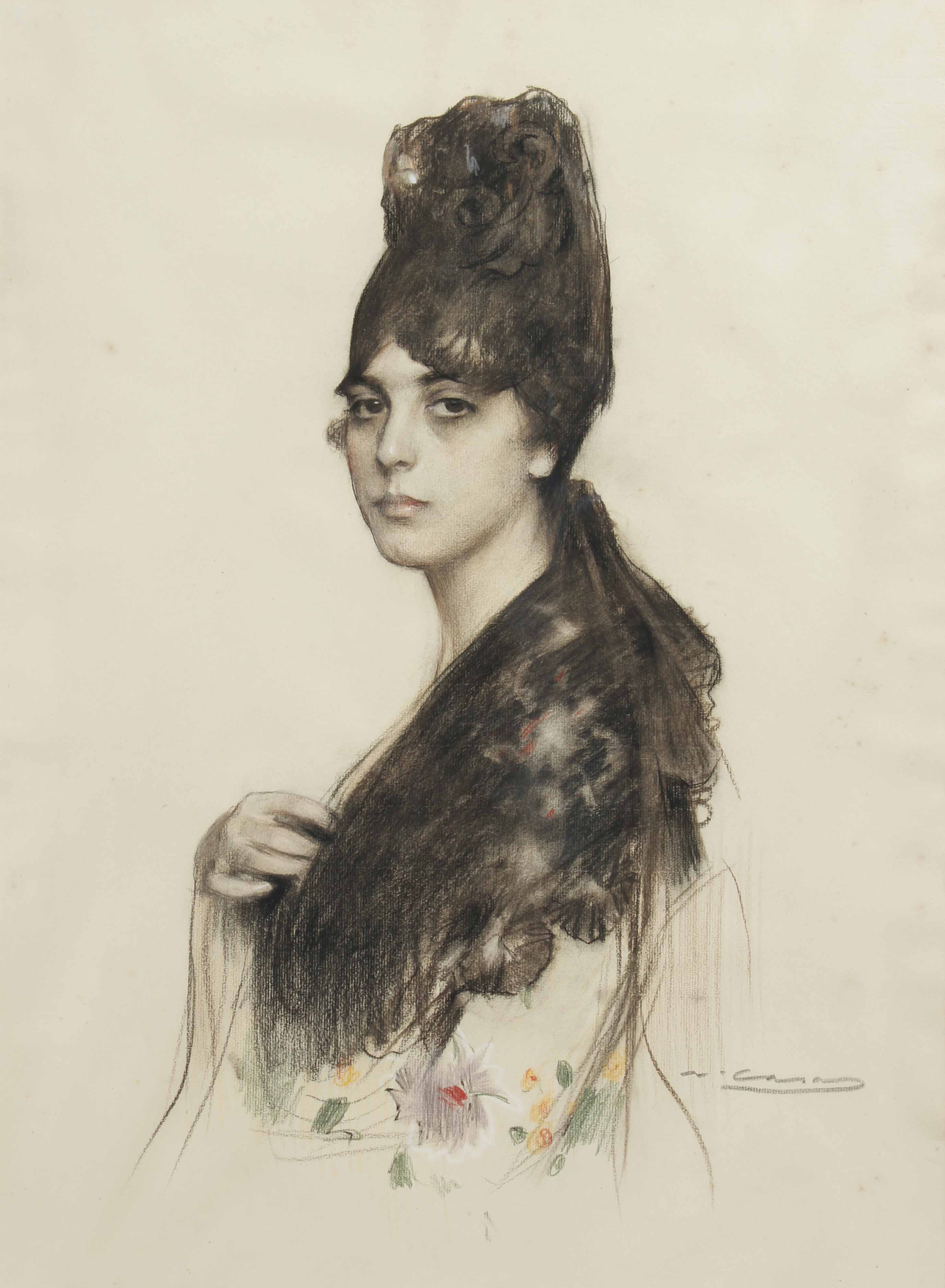 RAMÓN CASAS Y CARBO (1866-1932). "GIRL WITH A PEINETA COMB 