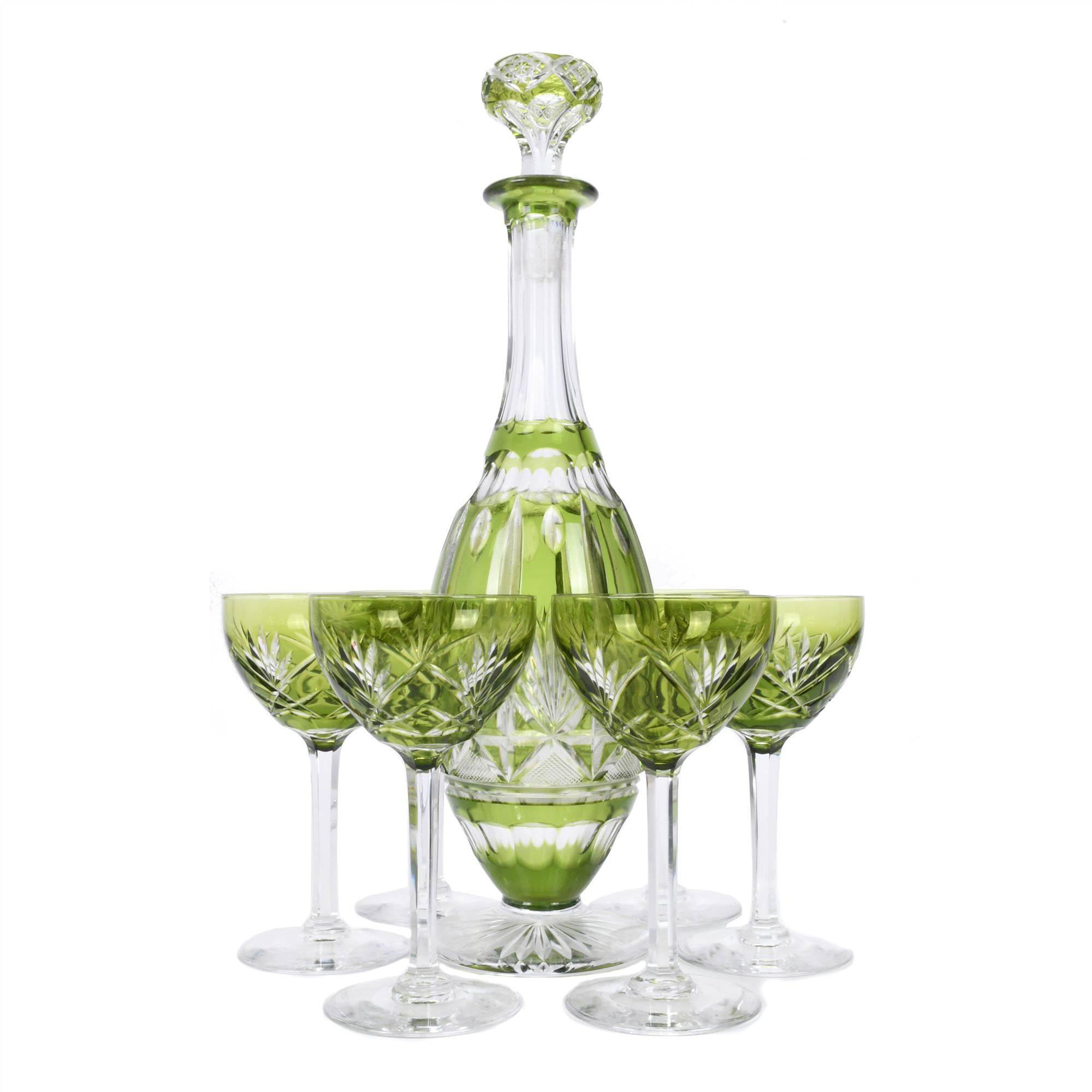 SET OF SIX FRENCH "SAINT LOUIS" GLASSES AND DECANTER BOTTLE