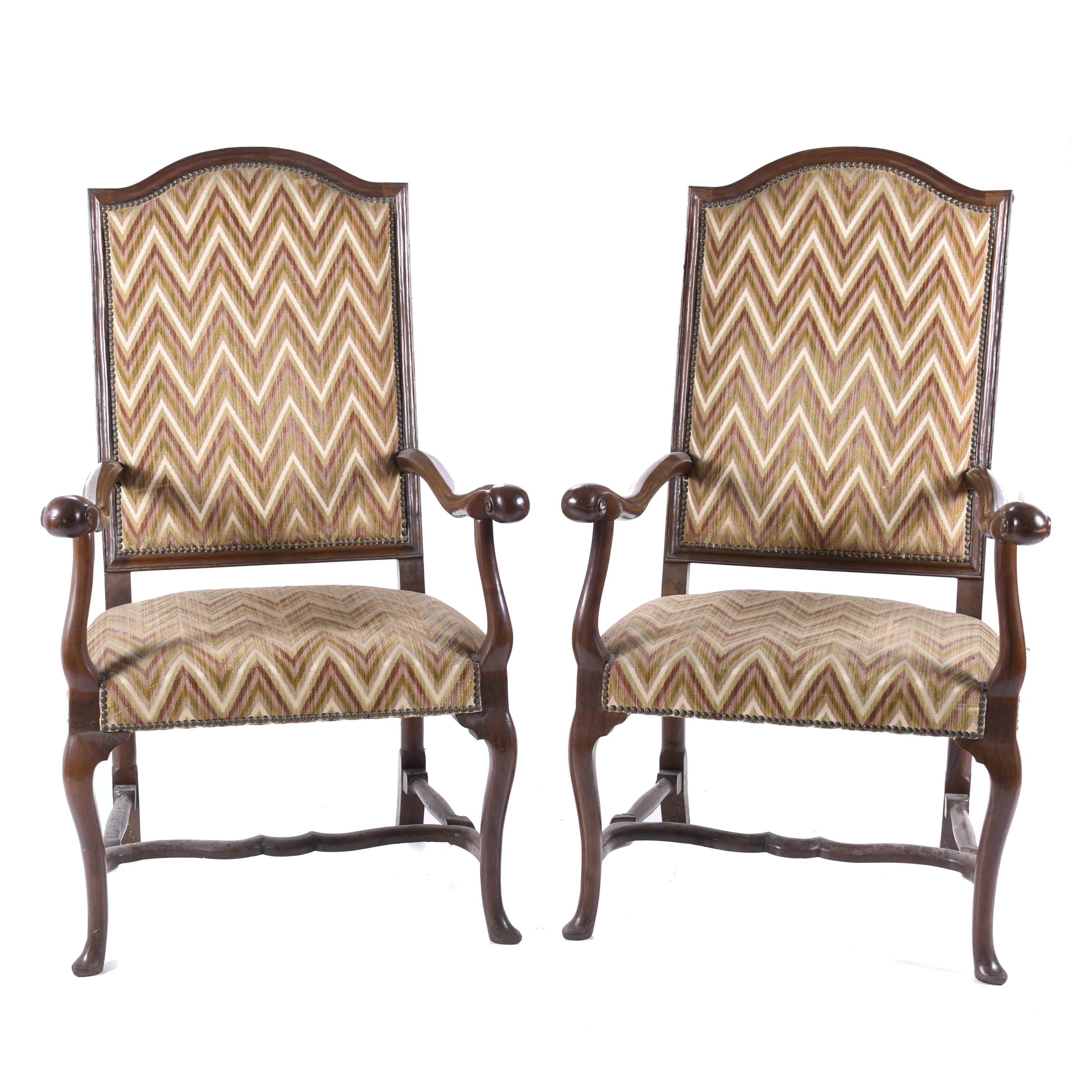 PAIR OF LARGE QUEEN ANNE STYLE ENGLISH ARMCHAIRS WITH ARMRE