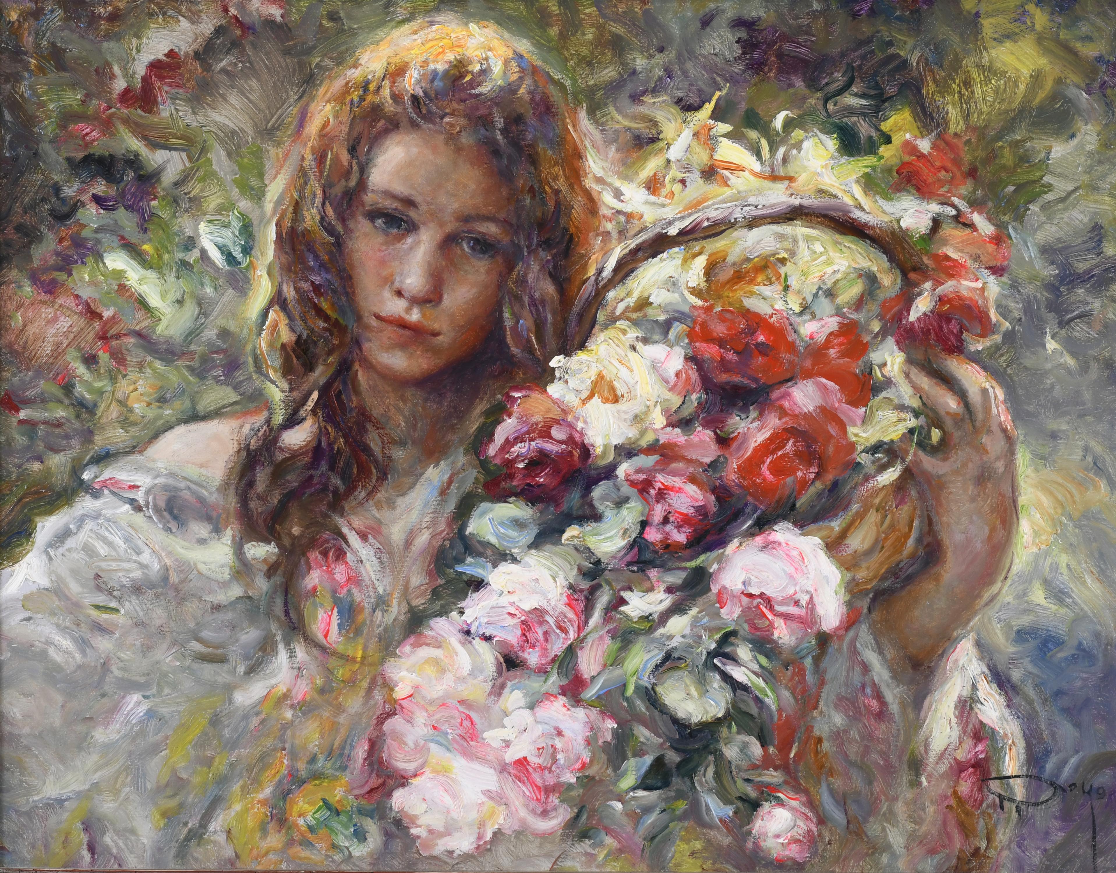 JOSÉ ROYO (1941).  "GIRL WITH A BASKET OF FLOWERS".