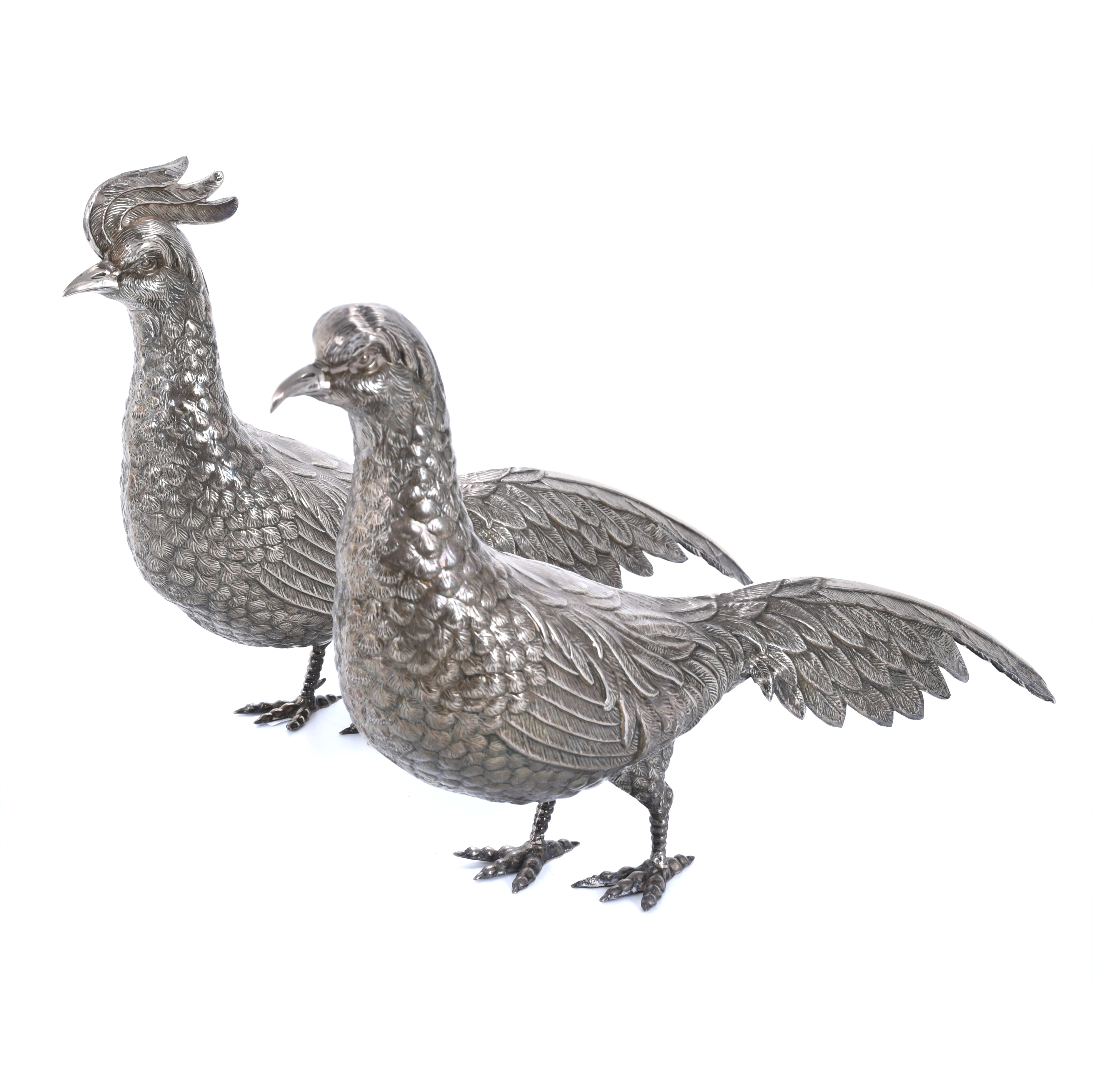 TWO LARGE SPANISH PHEASANTS IN SILVER, MID 20TH CENTURY.