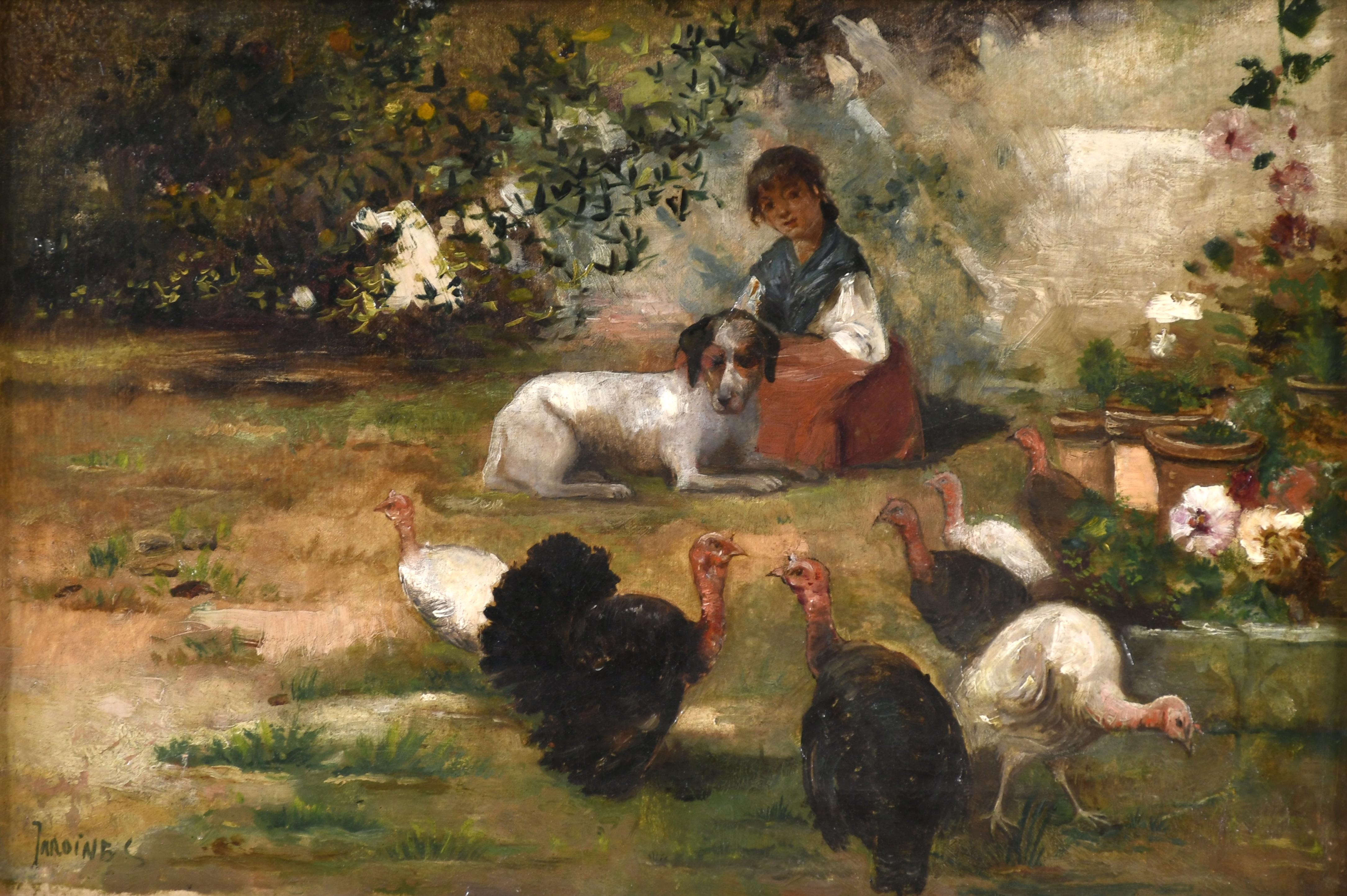 JOSÉ MARÍA JARDINES (1862 - ¿1932?). "NIÑA CON PAVOS".