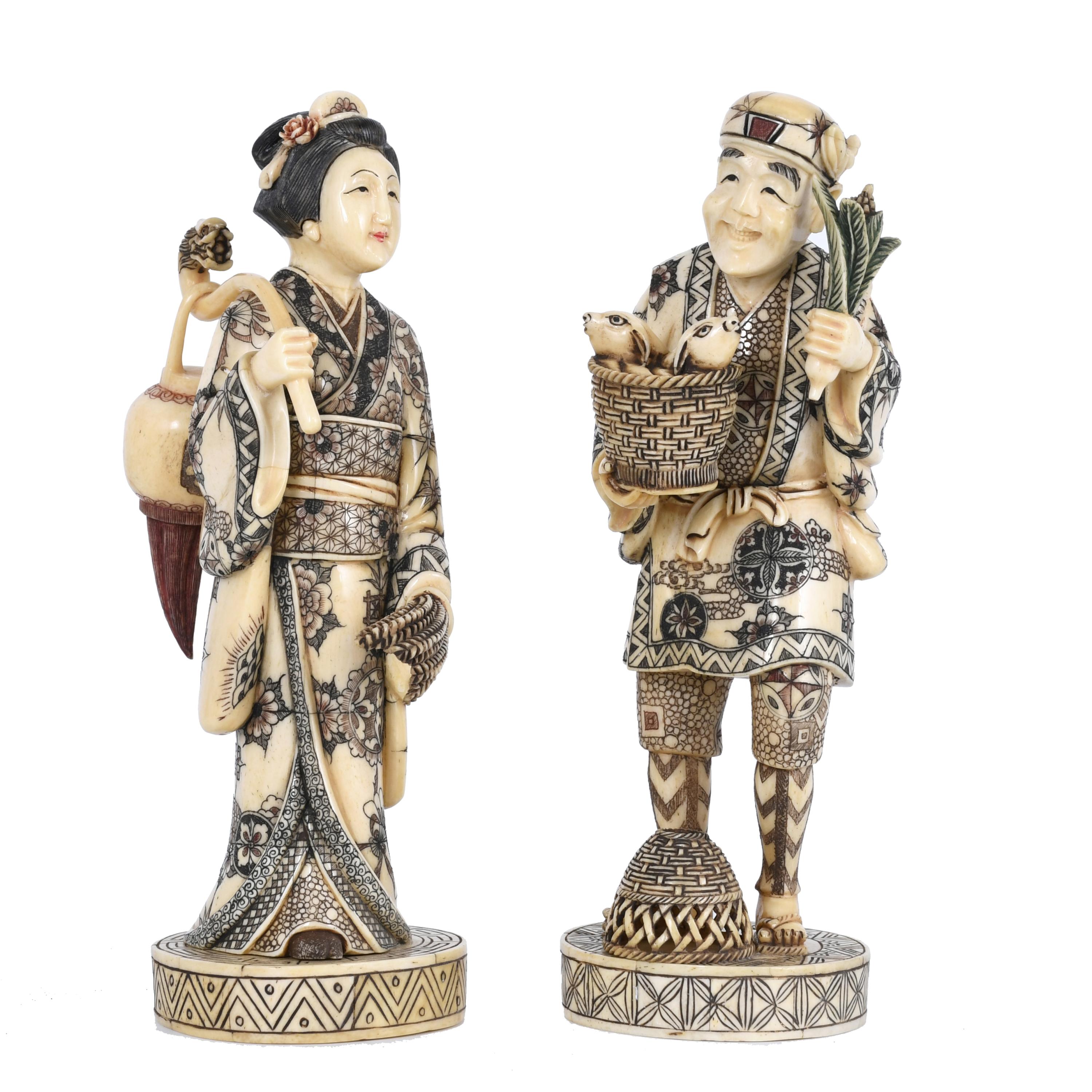 PAIR OF CHINESE BONE CARVINGS, "PAIR OF MERCHANTS", 20TH CE