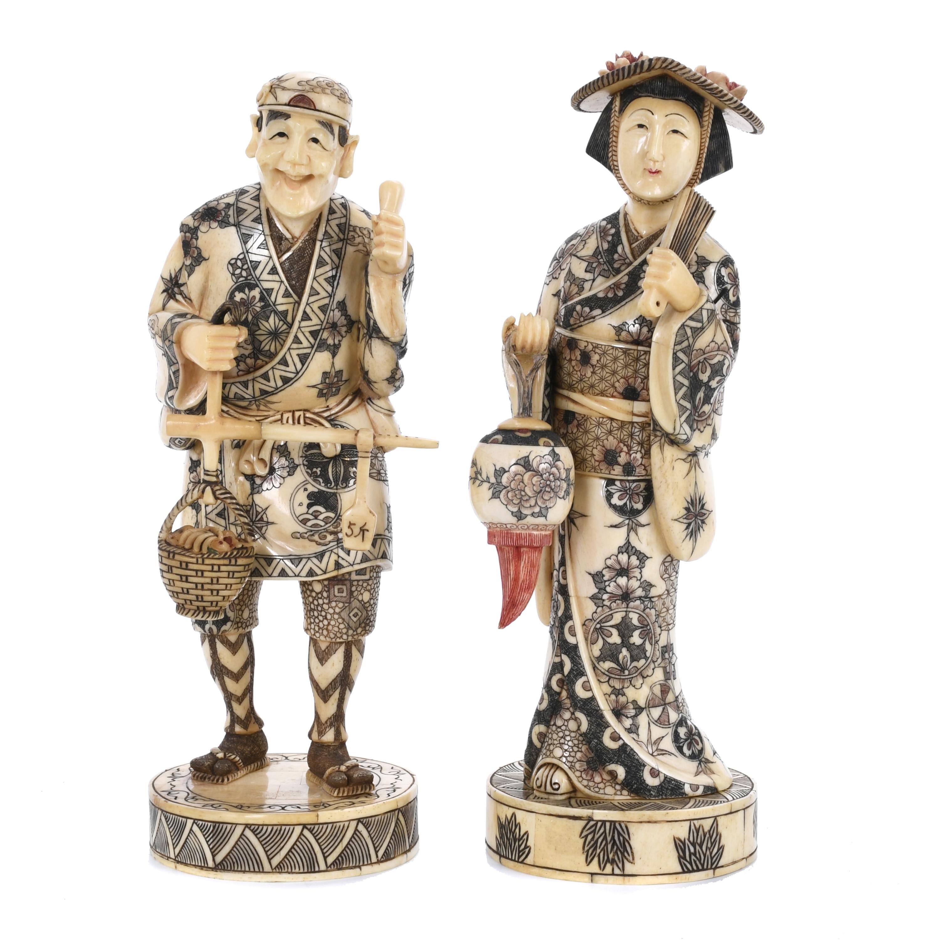 PAIR OF CHINESE BONE CARVINGS, "PAIR OF MERCHANTS", 20TH CE