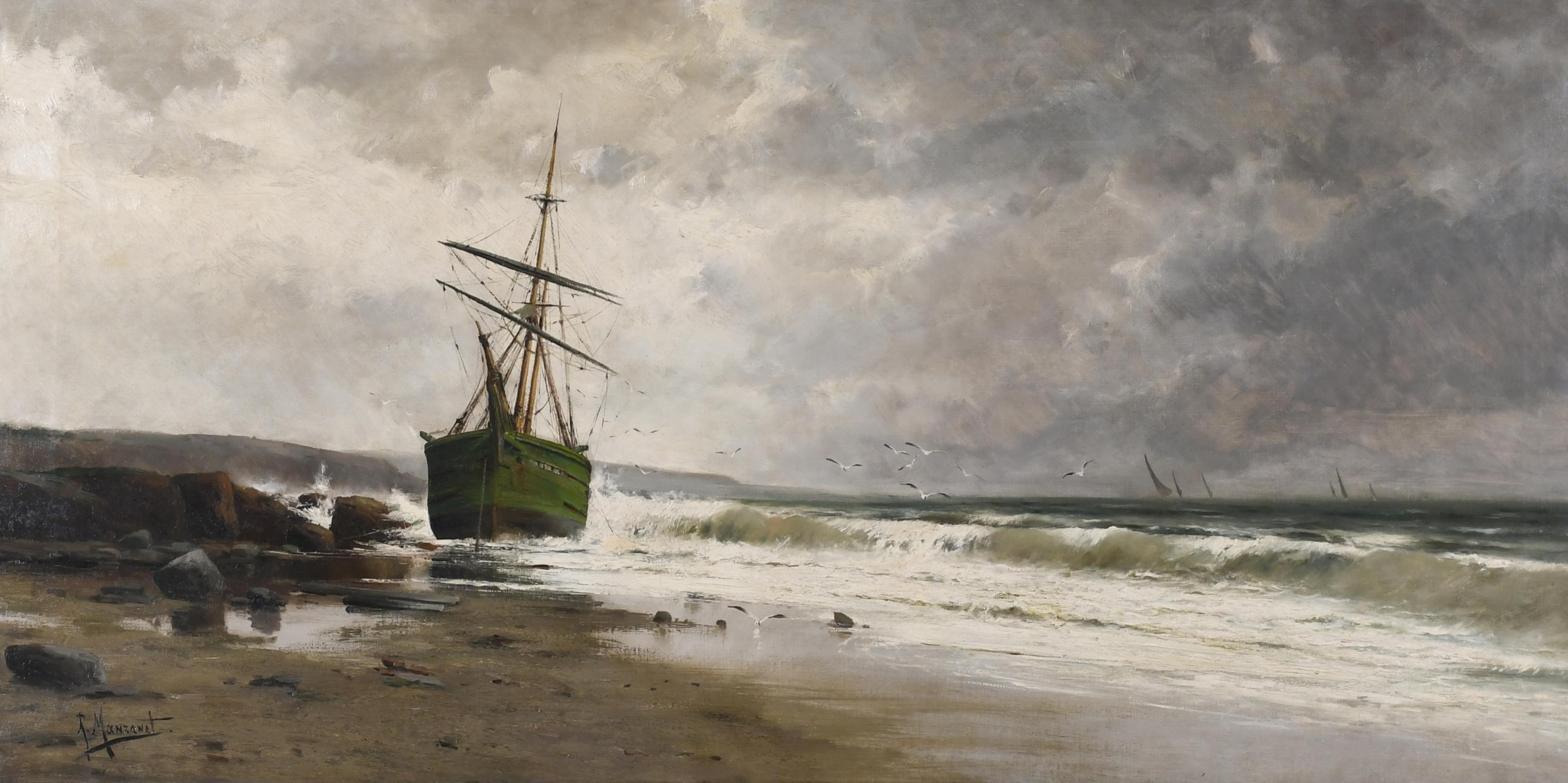 RICARDO MANZANET (1852-1939) "STRANDED SHIP AFTER THE STORM