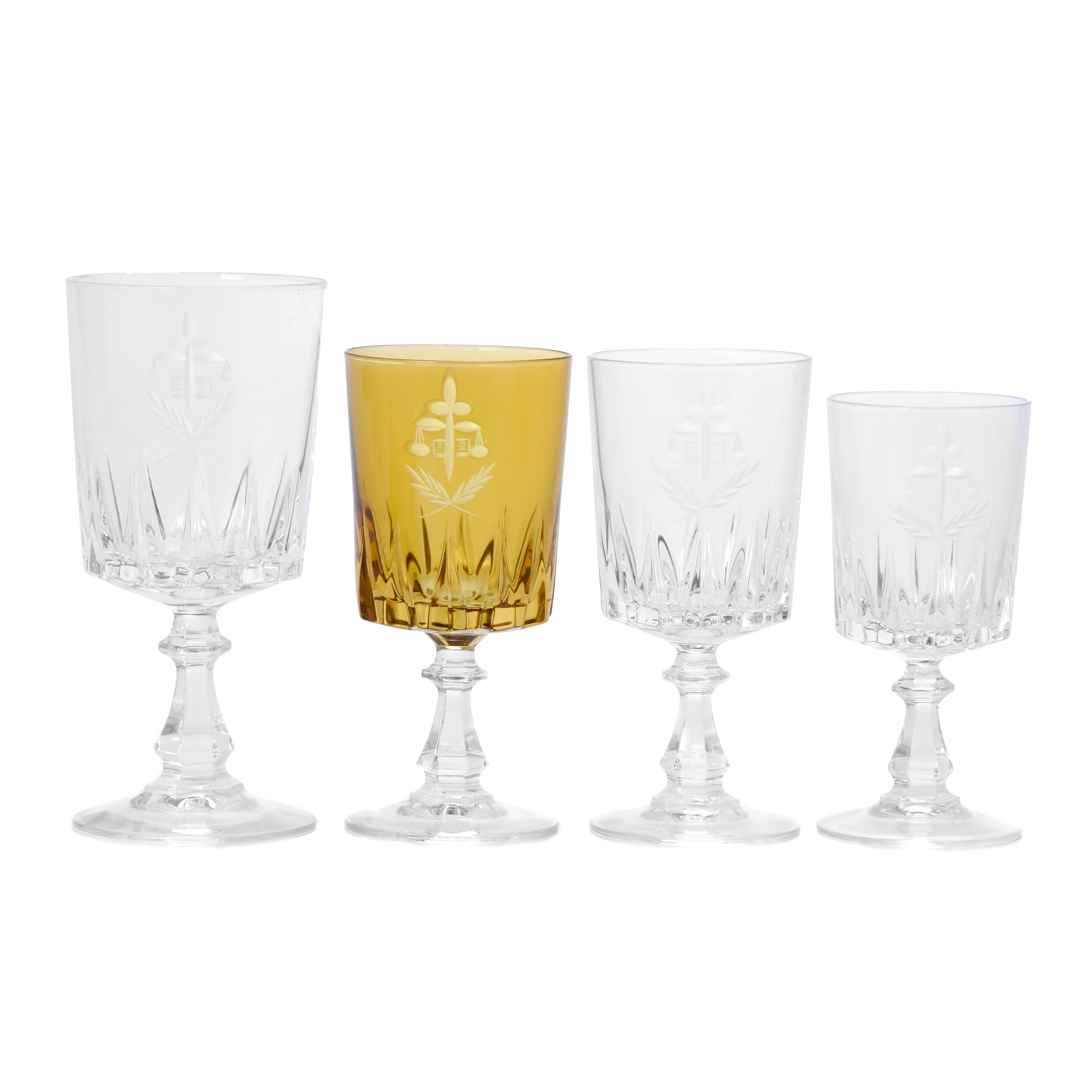 GLASSWARE WITH THE SYMBOL OF JUSTICE ENGRAVED ON IT, 20TH C