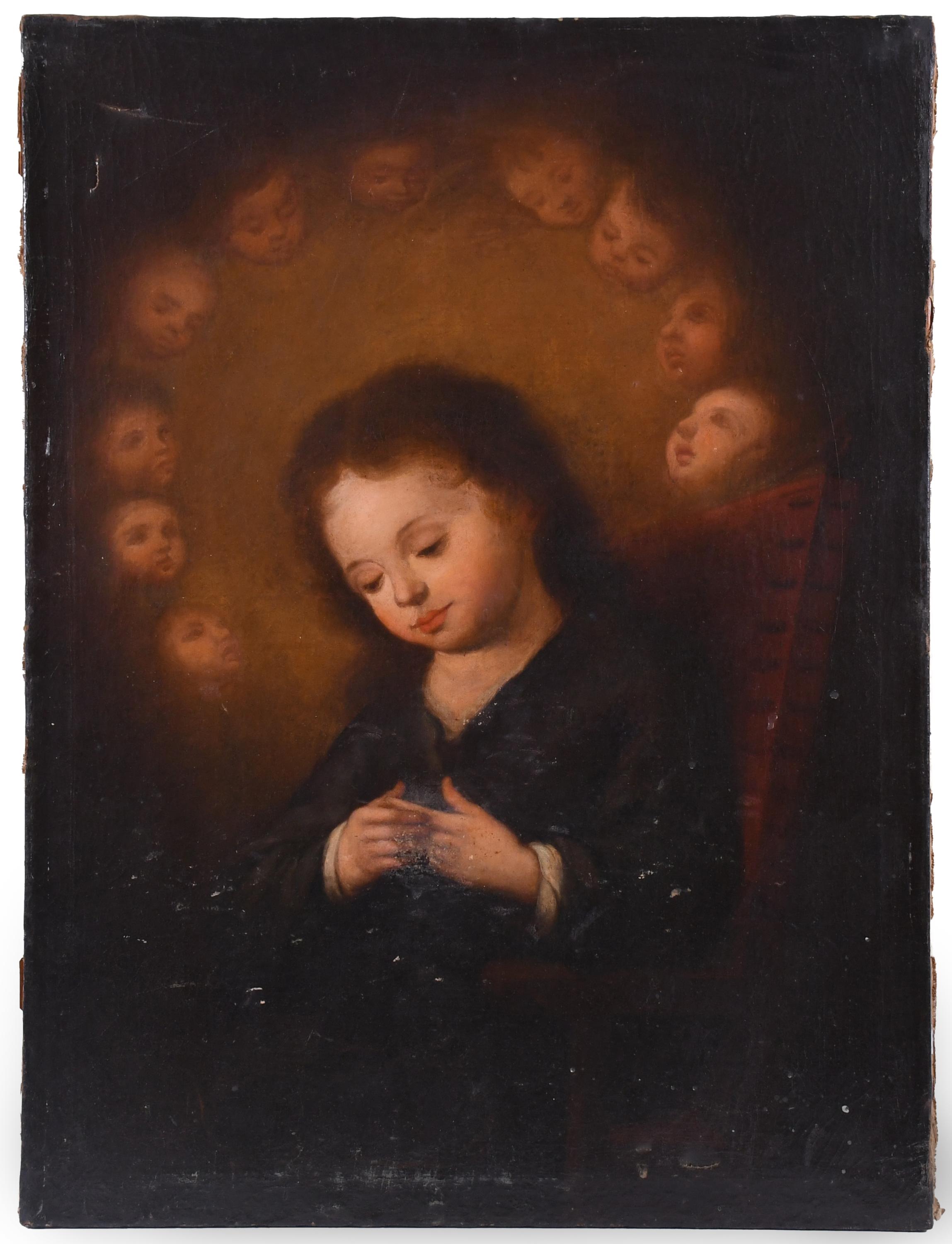 18TH CENTURY, SPANISH SCHOOL. "BABY JESUS SURROUNDED BY ANG