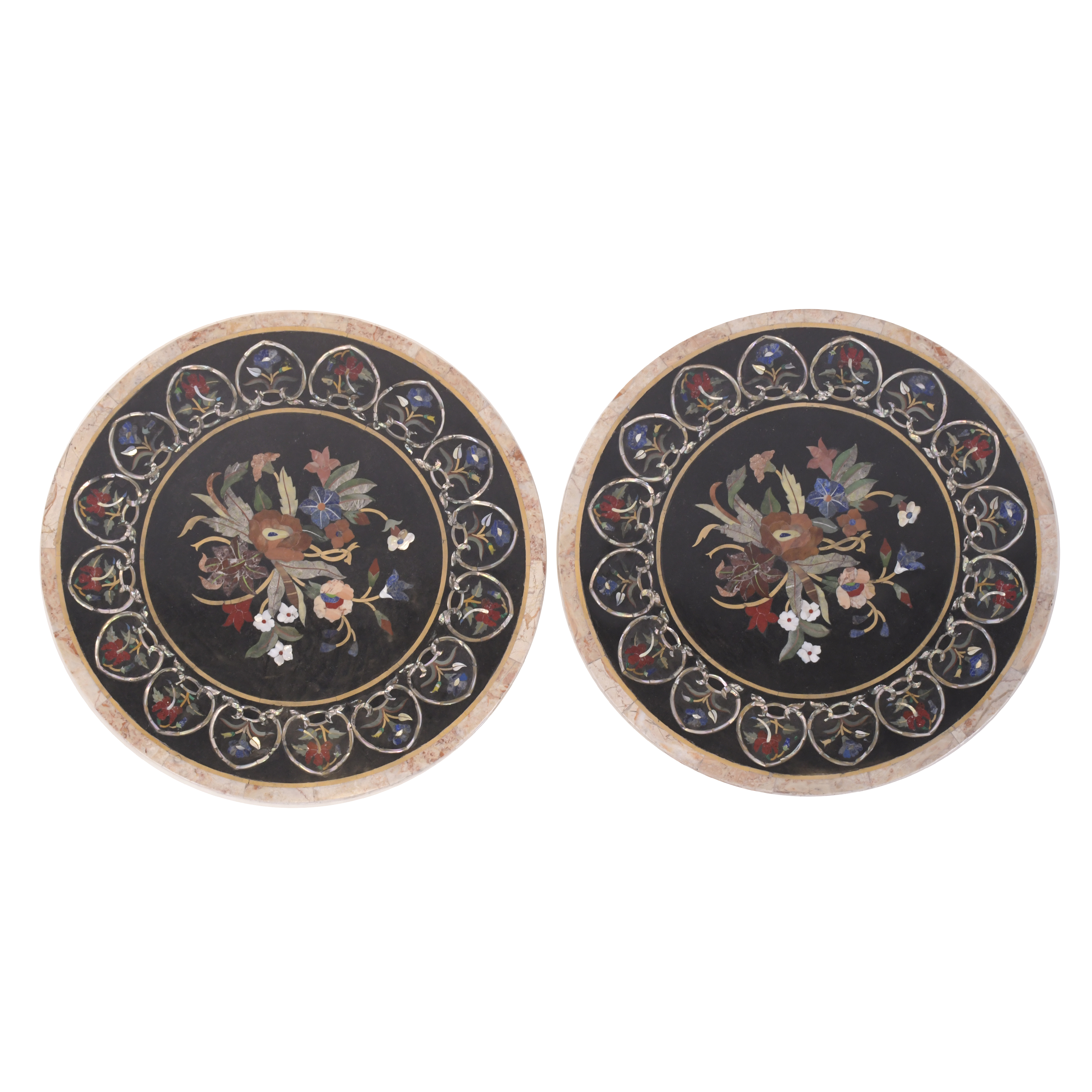 PAIR OF ROUND BOARDS IN HARD STONES, AFTER ITALIAN MODELS O