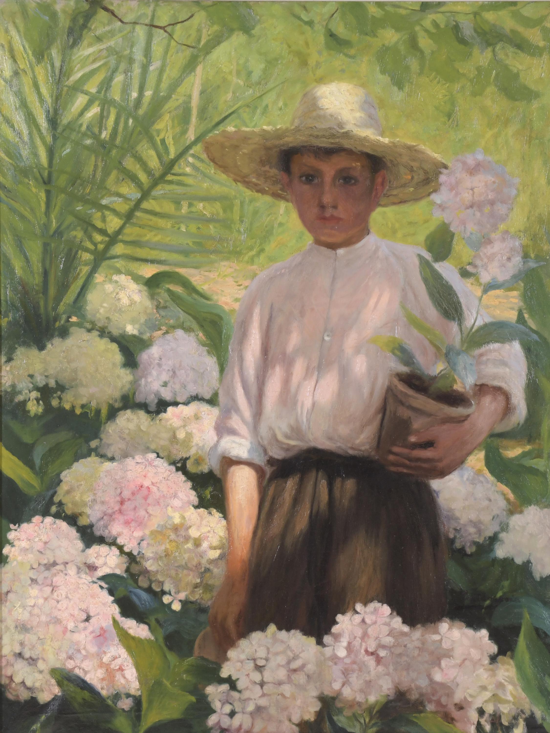 EARLY 20TH CENTURY SPANISH SCHOOL. "CHILD WITH HYDRANGEAS".