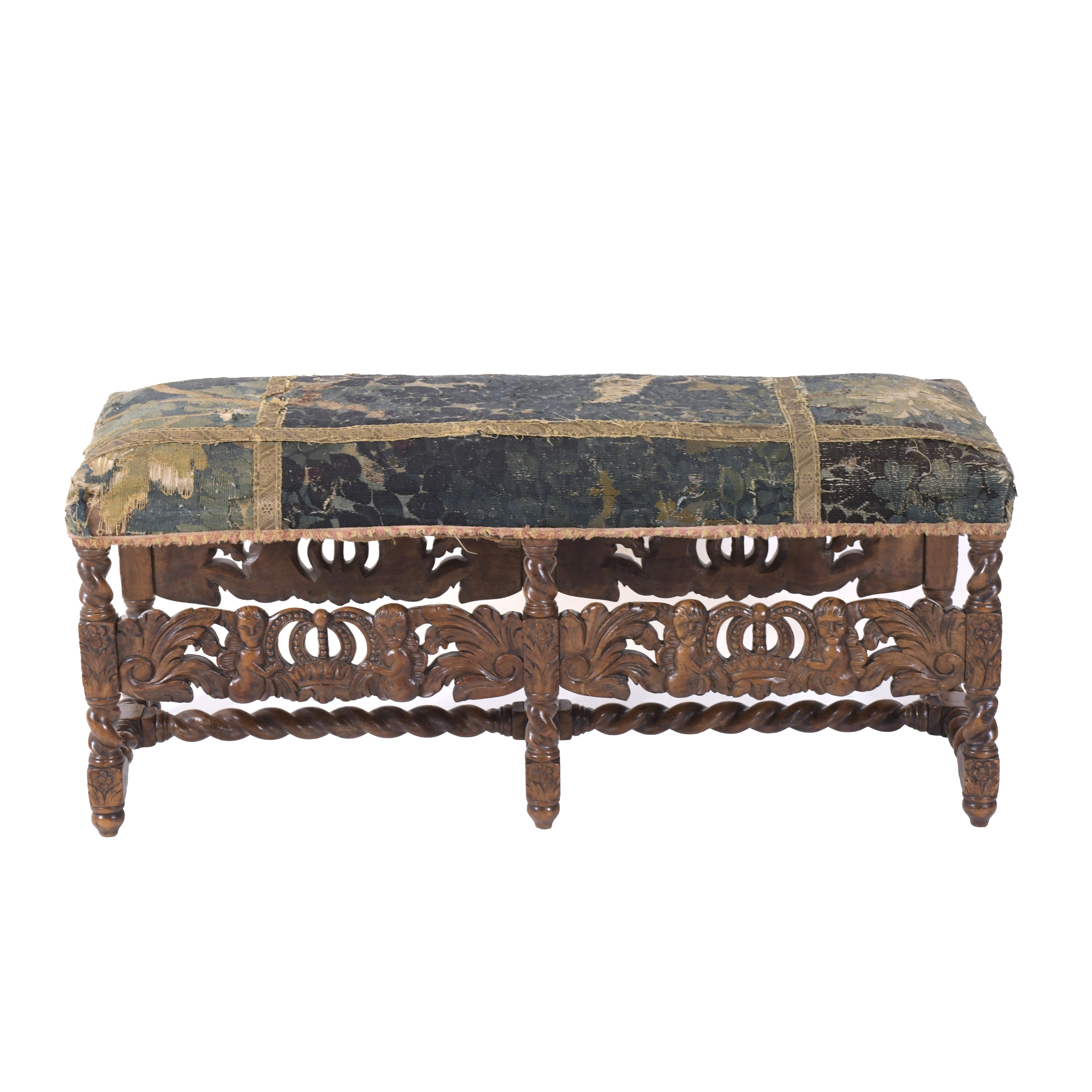 LOUIS XIII STYLE STOOL WITH A FRAGMENT OF AN AUBUSSON TAPES