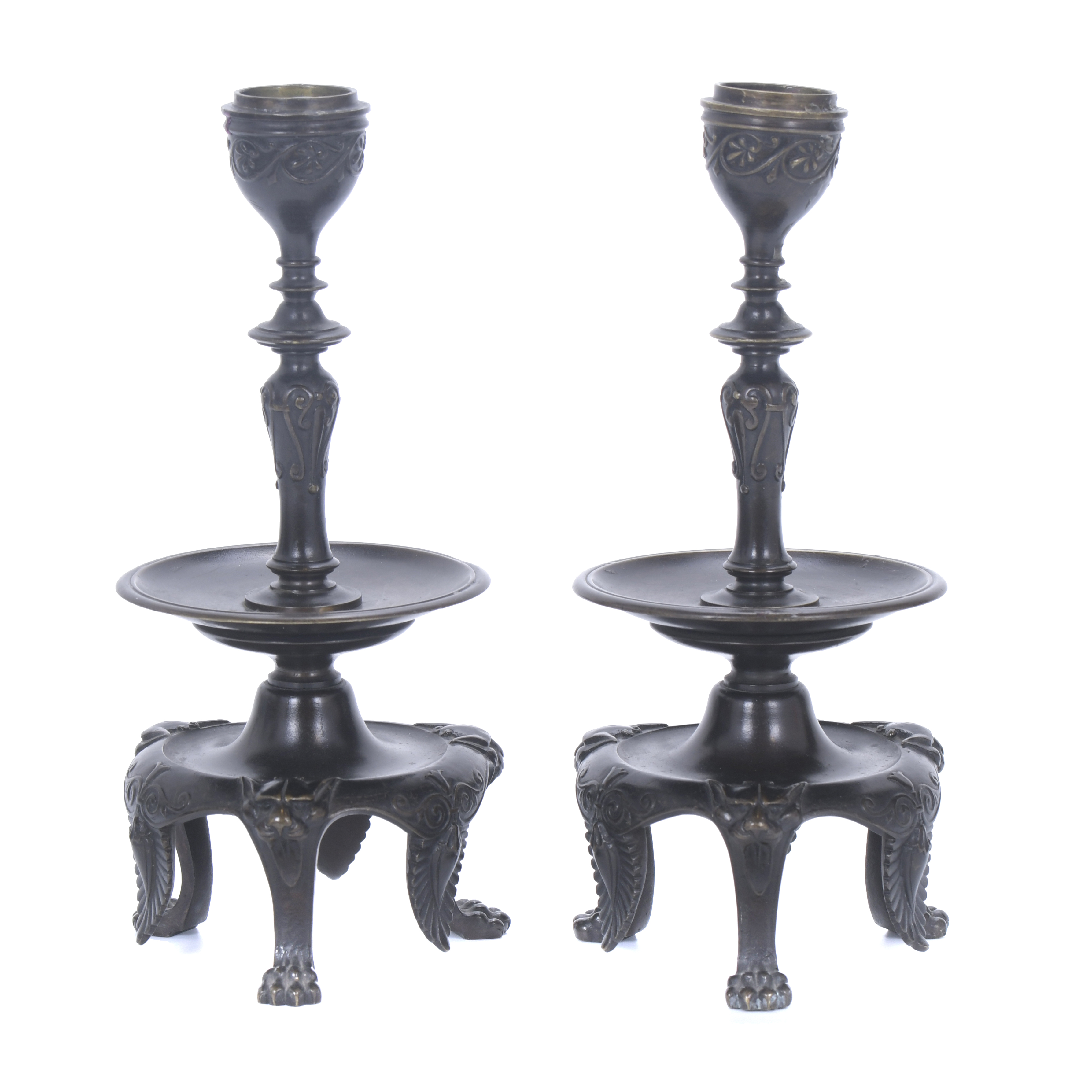 PAIR OF RESTORATION STYLE CANDLESTICKS, EARLY 20TH CENTURY.