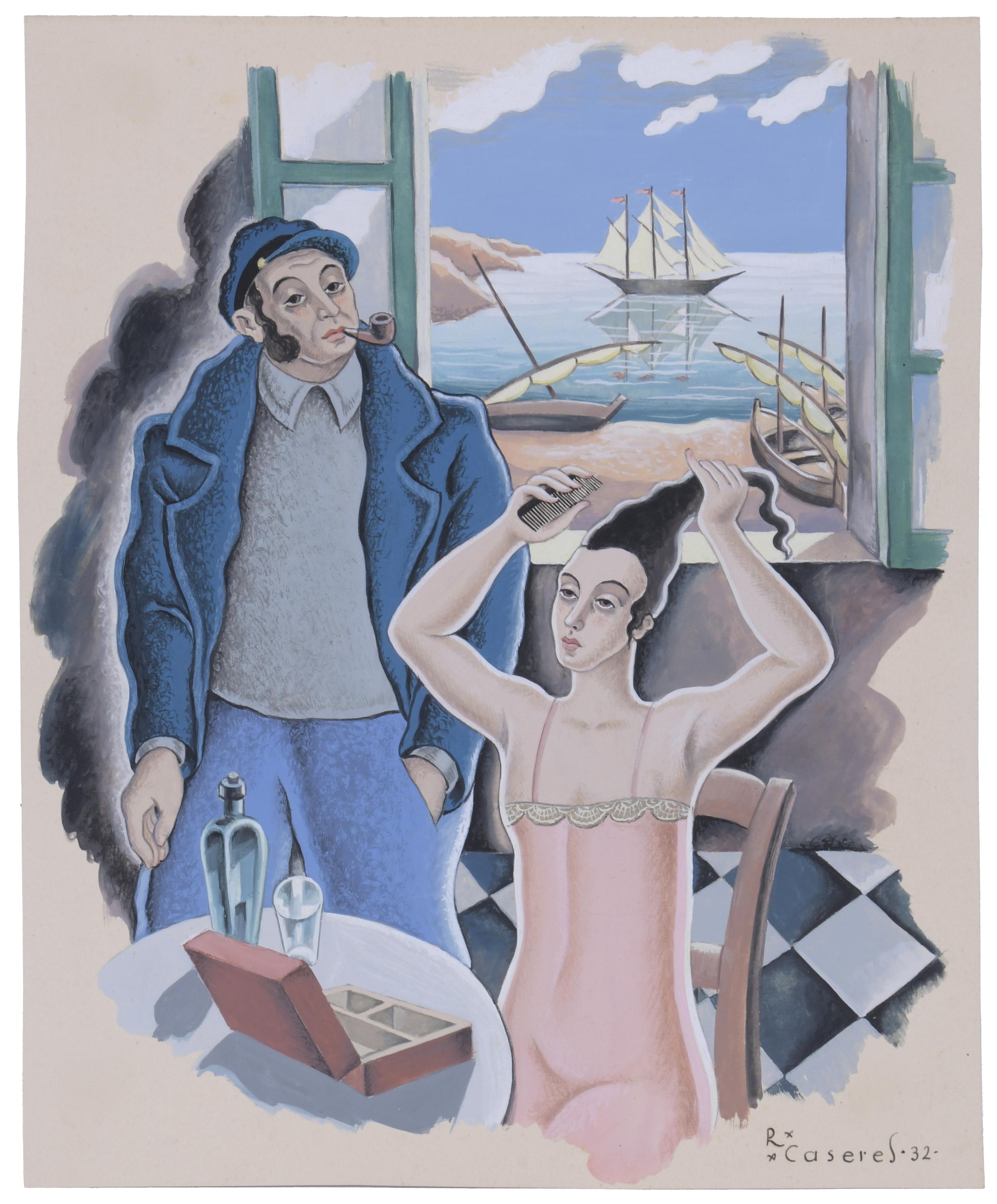 RAFAEL CASERES (20TH CENTURY). "SAILOR AND WOMAN COMBING HE