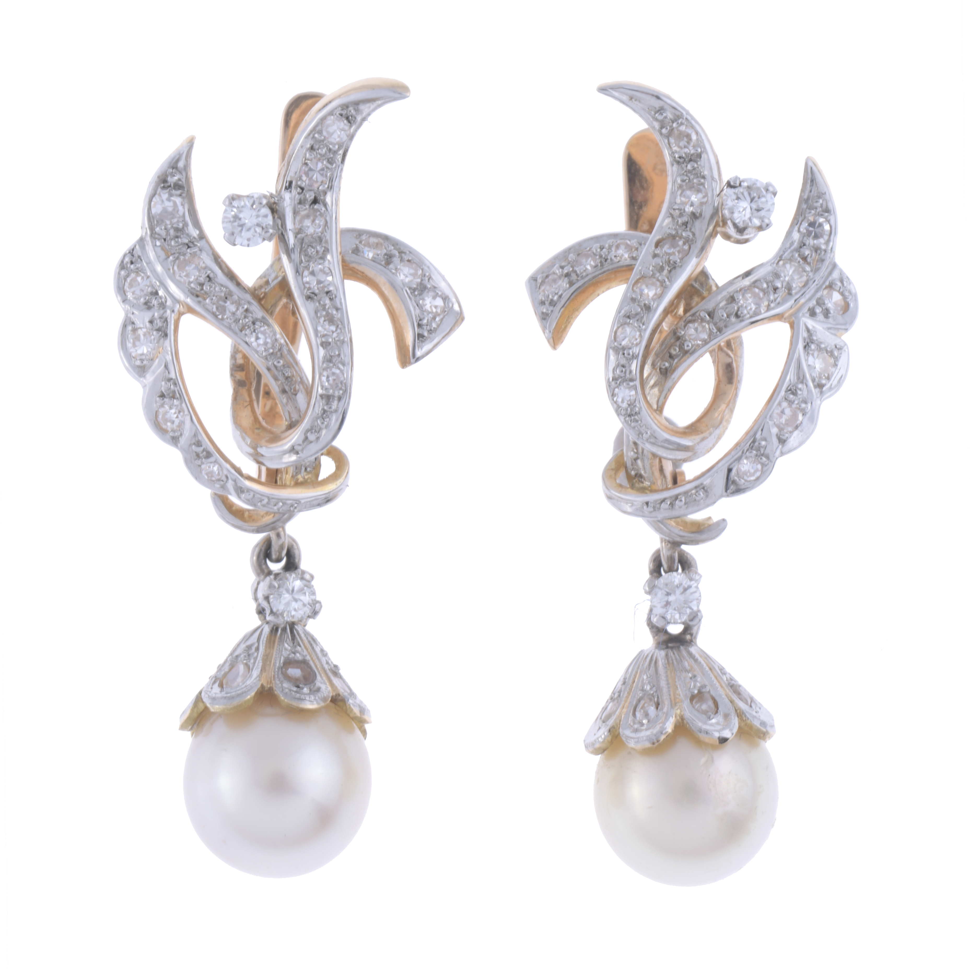 EARRINGS WITH DIAMONDS AND PEARL, 1950&#39;S.