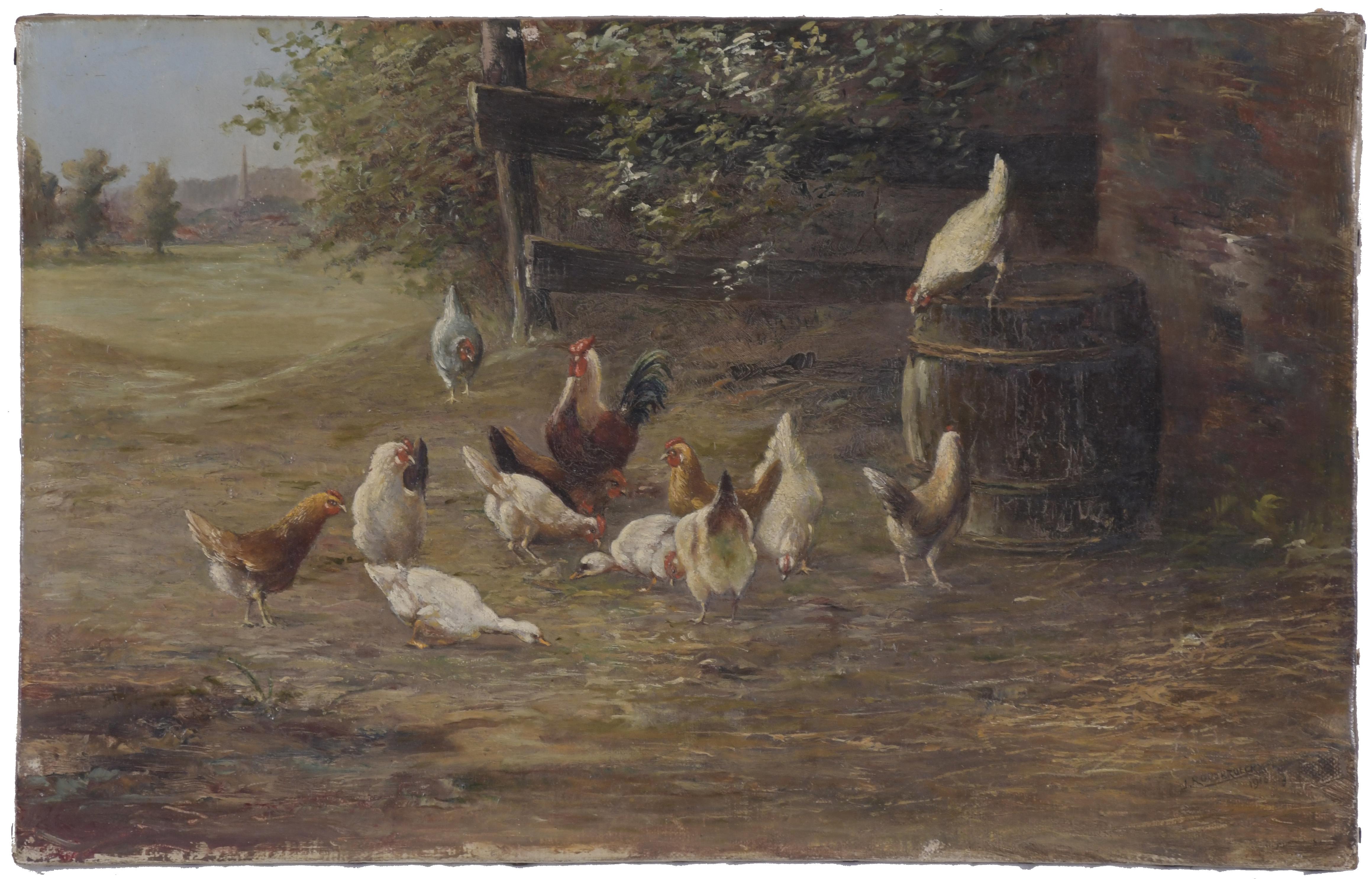 20TH CENTURY EUROPEAN SCHOOL. "HENS AND ROOSTER".