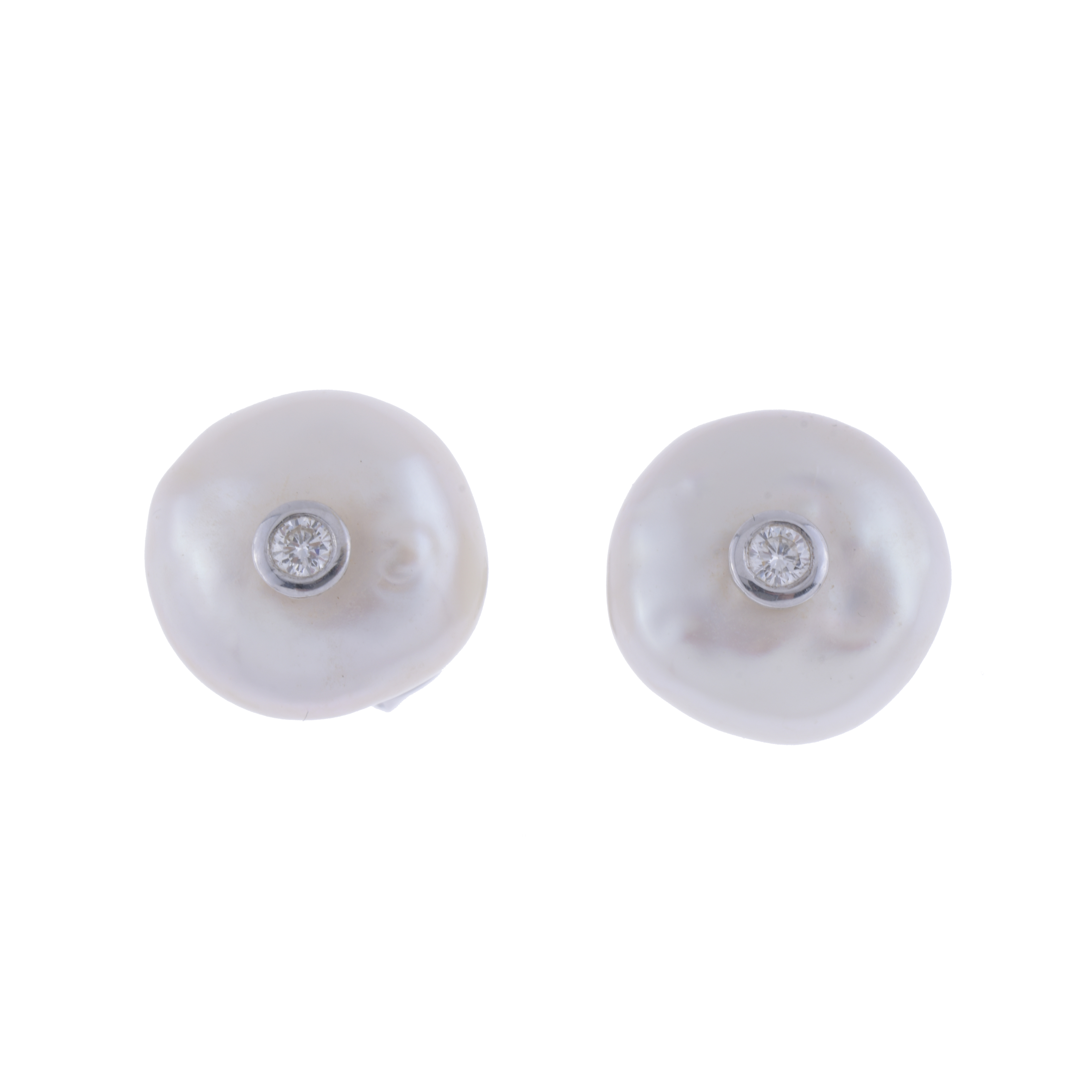 PEARL AND DIAMOND BUTTON EARRINGS.