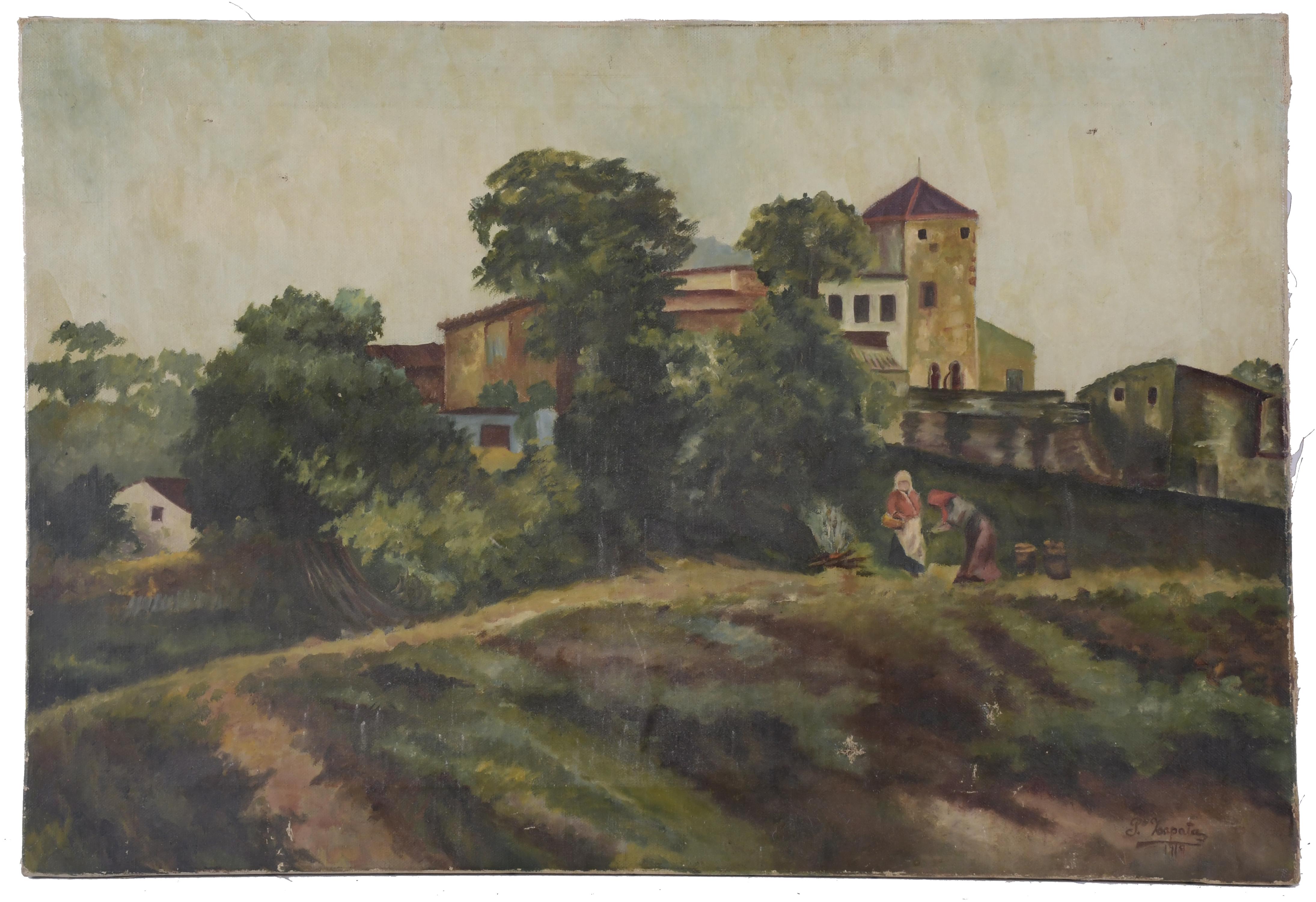 ESCUELA ESPAÑOLA, SIGLO XX. "PAISAJE  RURAL CON FIGURAS", 1