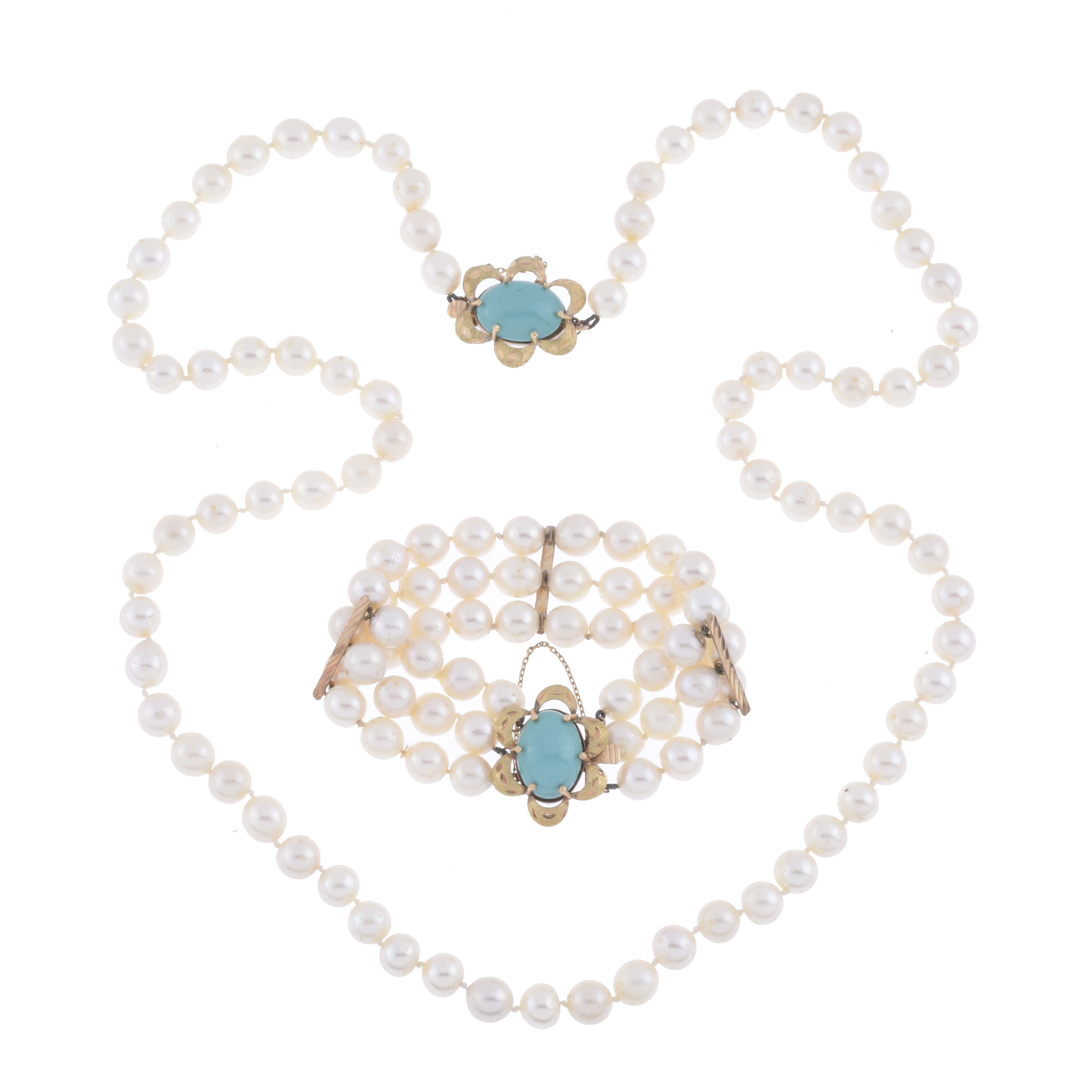 SET OF PEARLS AND TURQUOISE NECKLACE AND BRACELET.