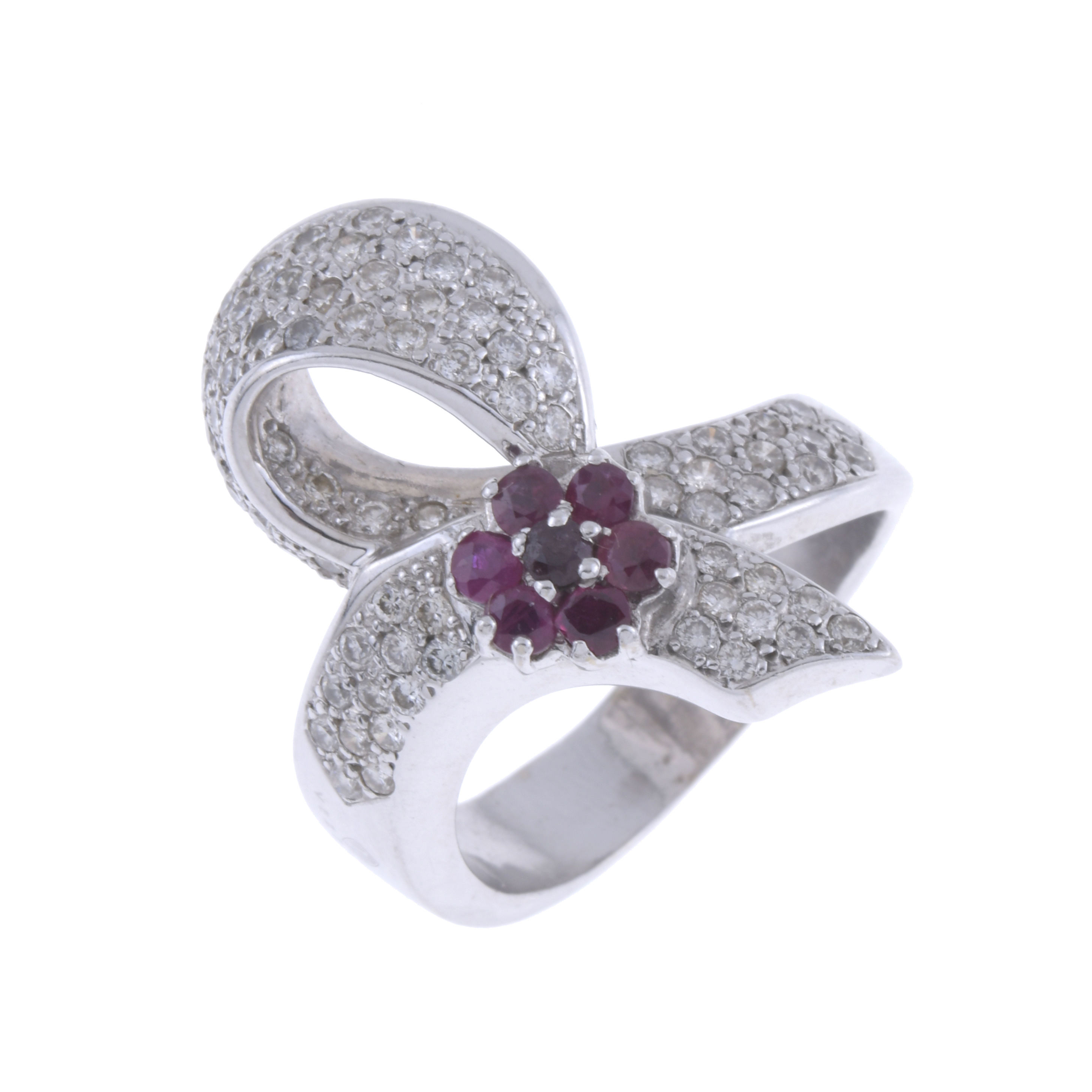 DIAMONDS AND RUBIES BOW RING.