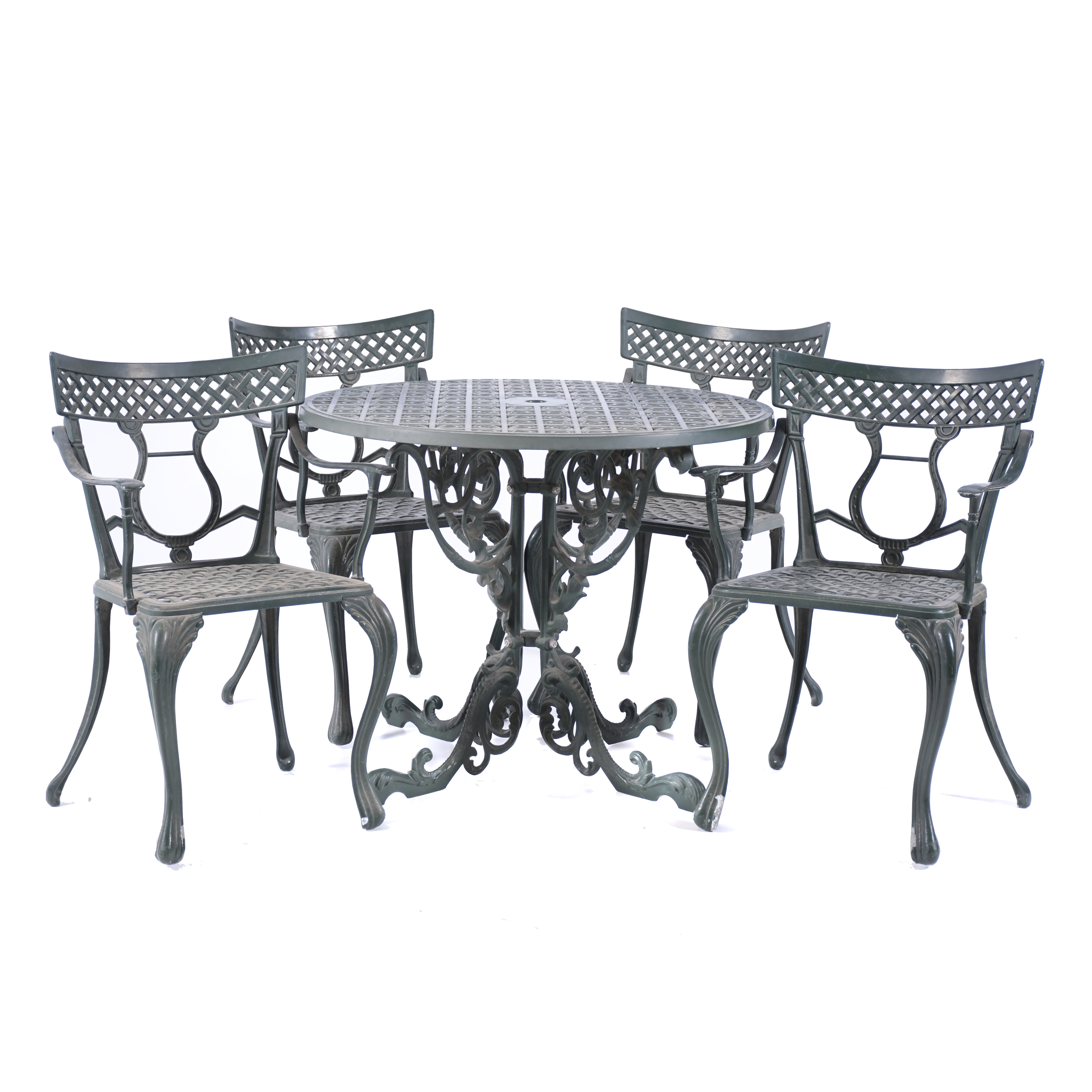 REGENCY-STYLE KLISMOS GARDEN TABLE AND FOUR CHAIRS.