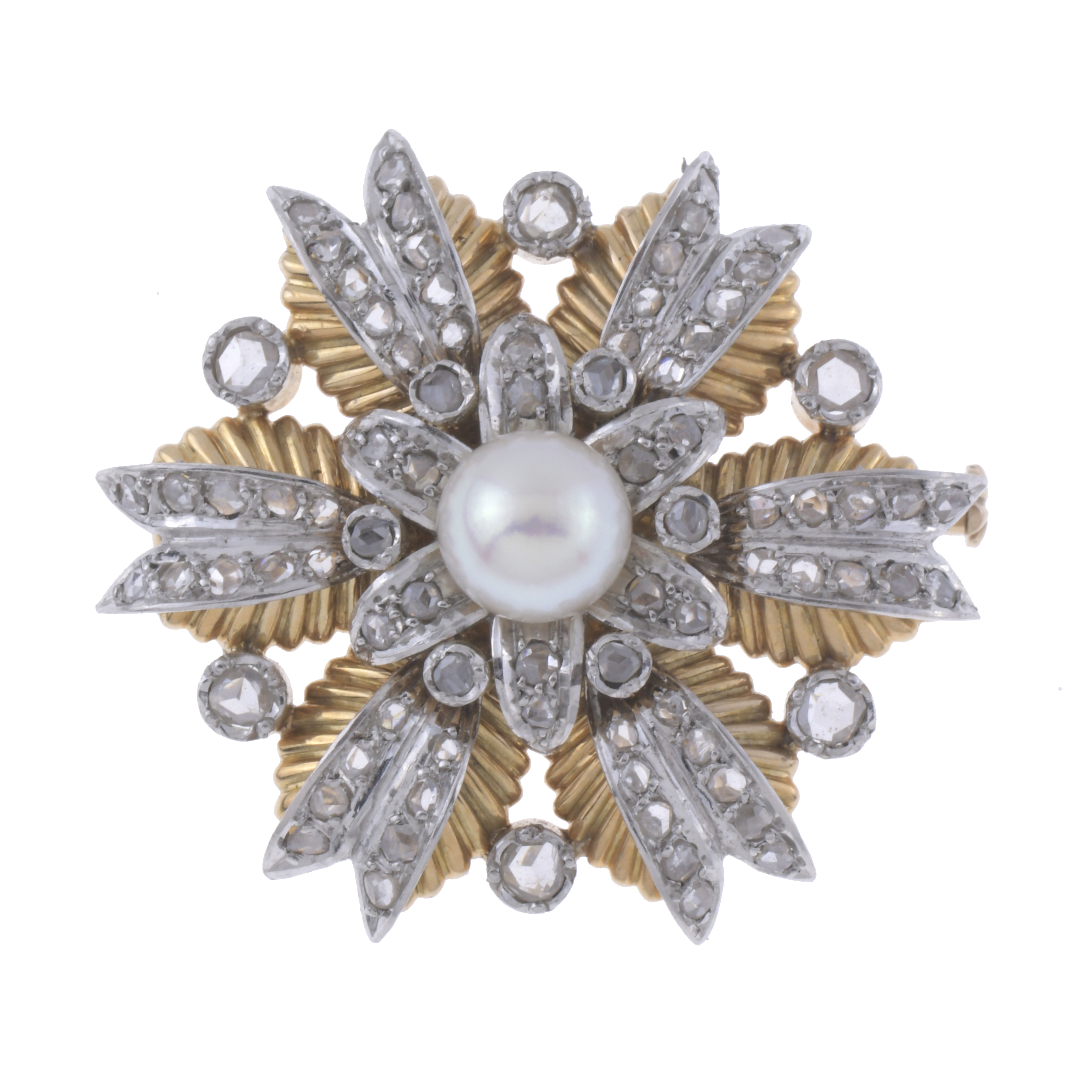 FLORAL ROUND BROOCH WITH PEARL, 1950&#39;S.