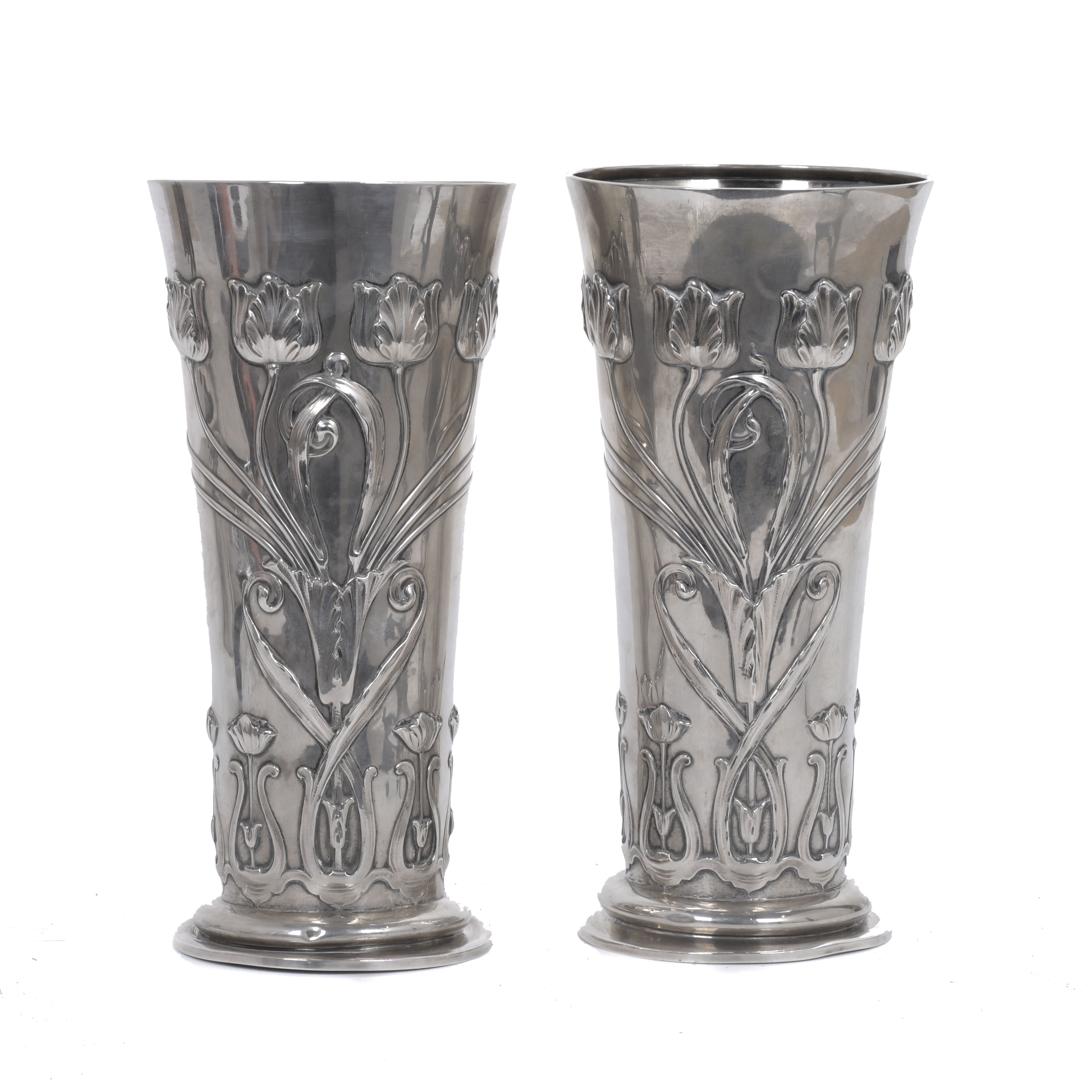 PAIR OF ART NOUVEAU SILVER FLOWER VASES, PROBABLY JEWISH, C