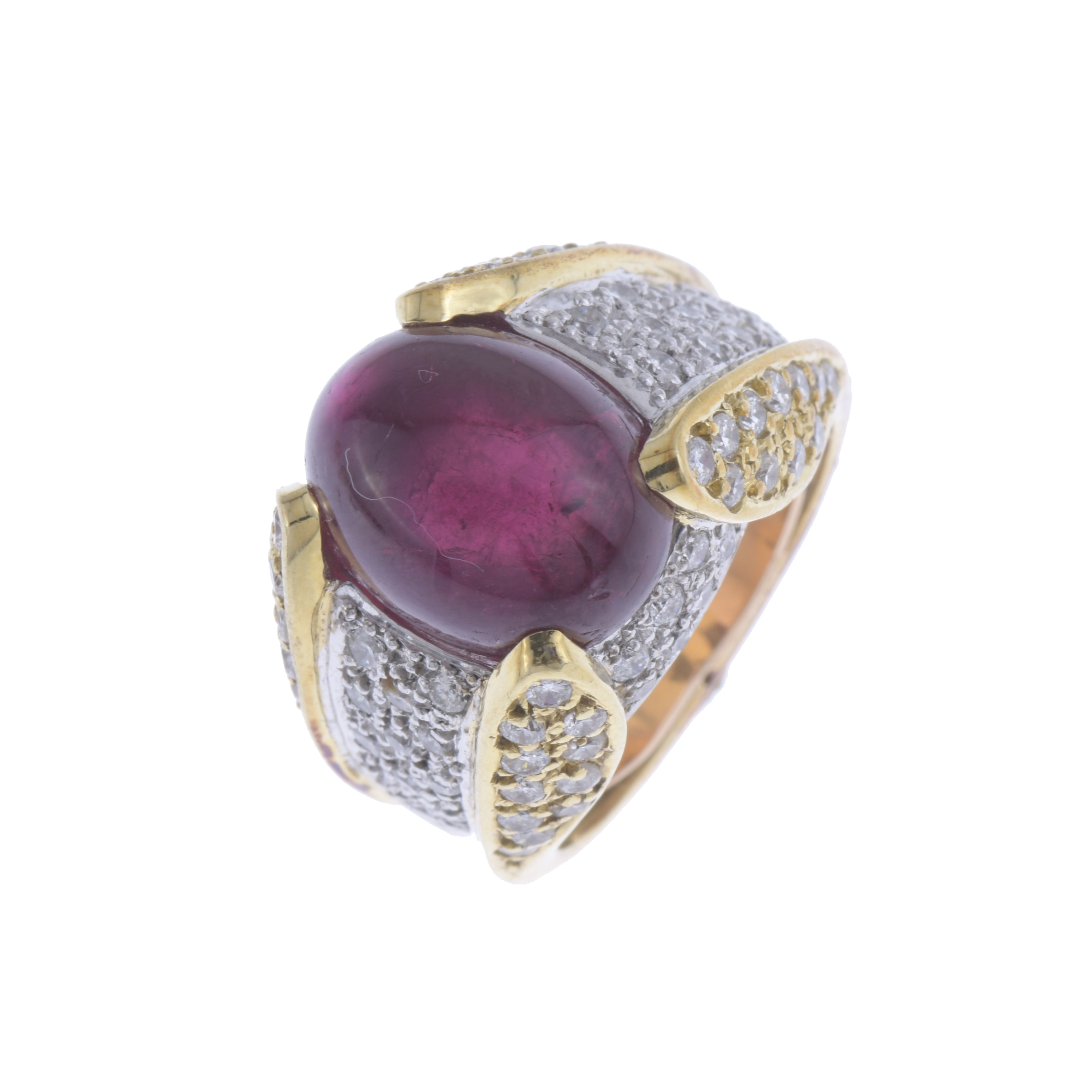 BICOLOUR PYRAMID-SHAPED RING WITH CABOCHON TOURMALINE.