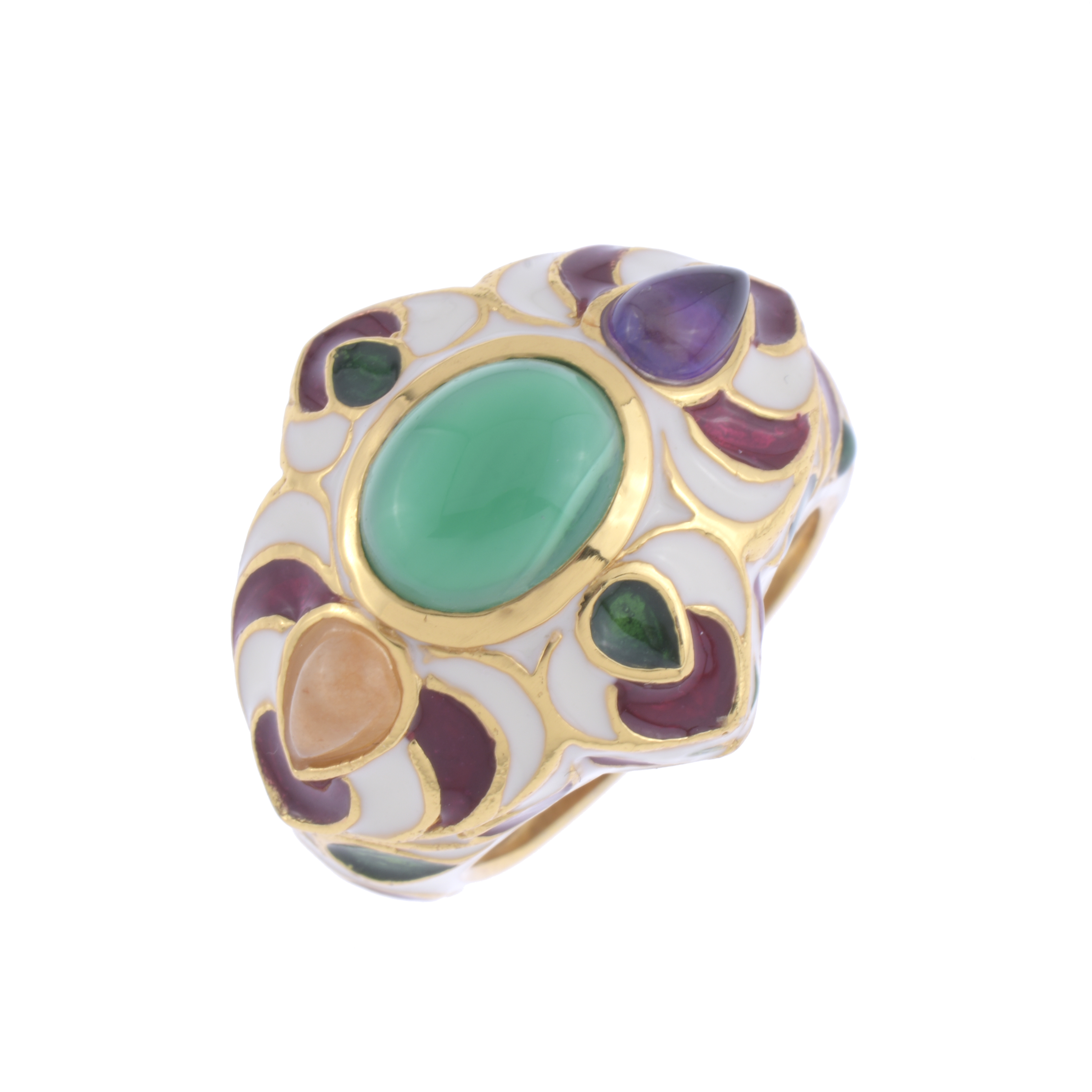 RING WITH ENAMEL, CHRYSOPRASE, AMETHYST AND CABOCHON CITRINE