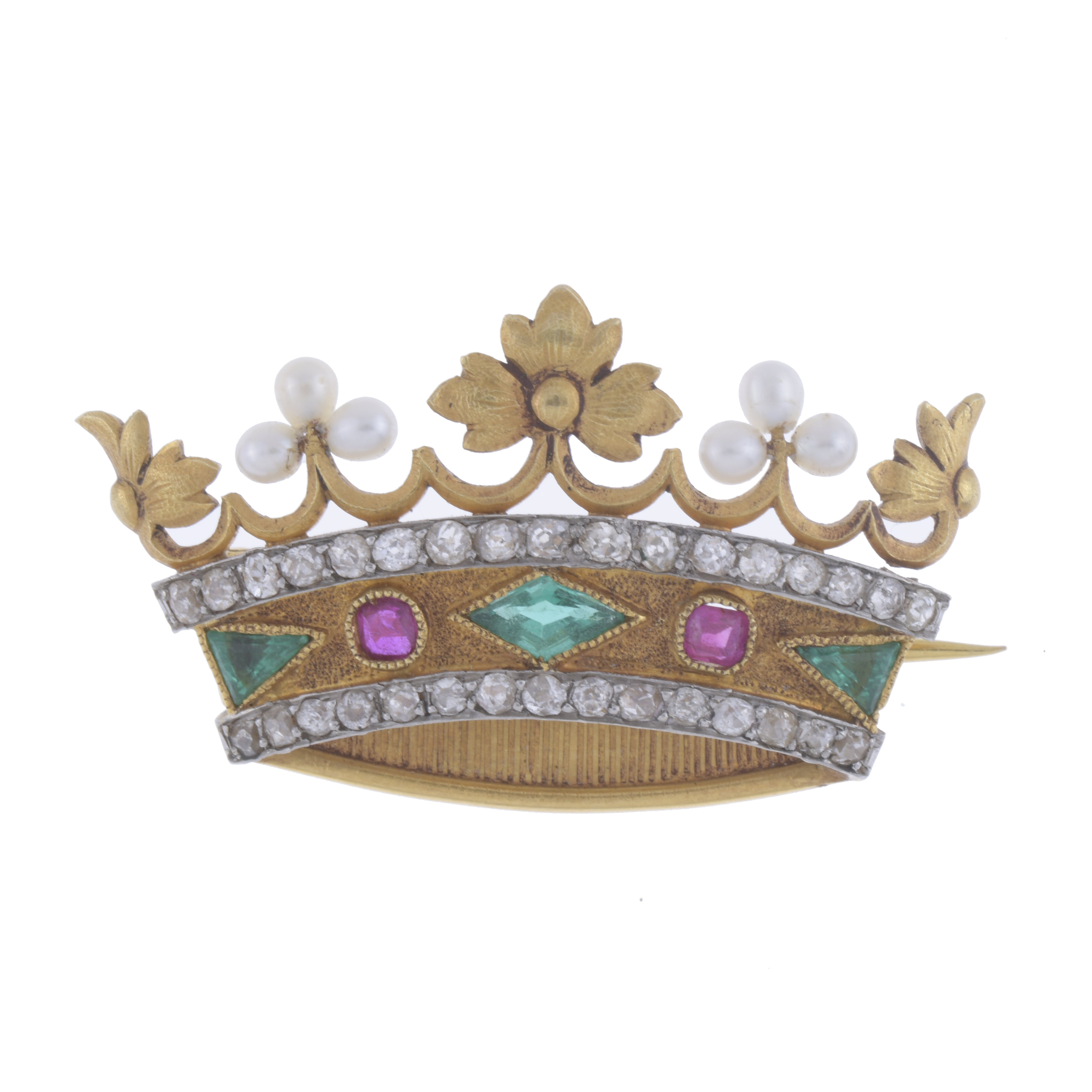 CROWN-SHAPED BROOCH WITH RUBIES, DIAMONDS AND SAPPHIRES