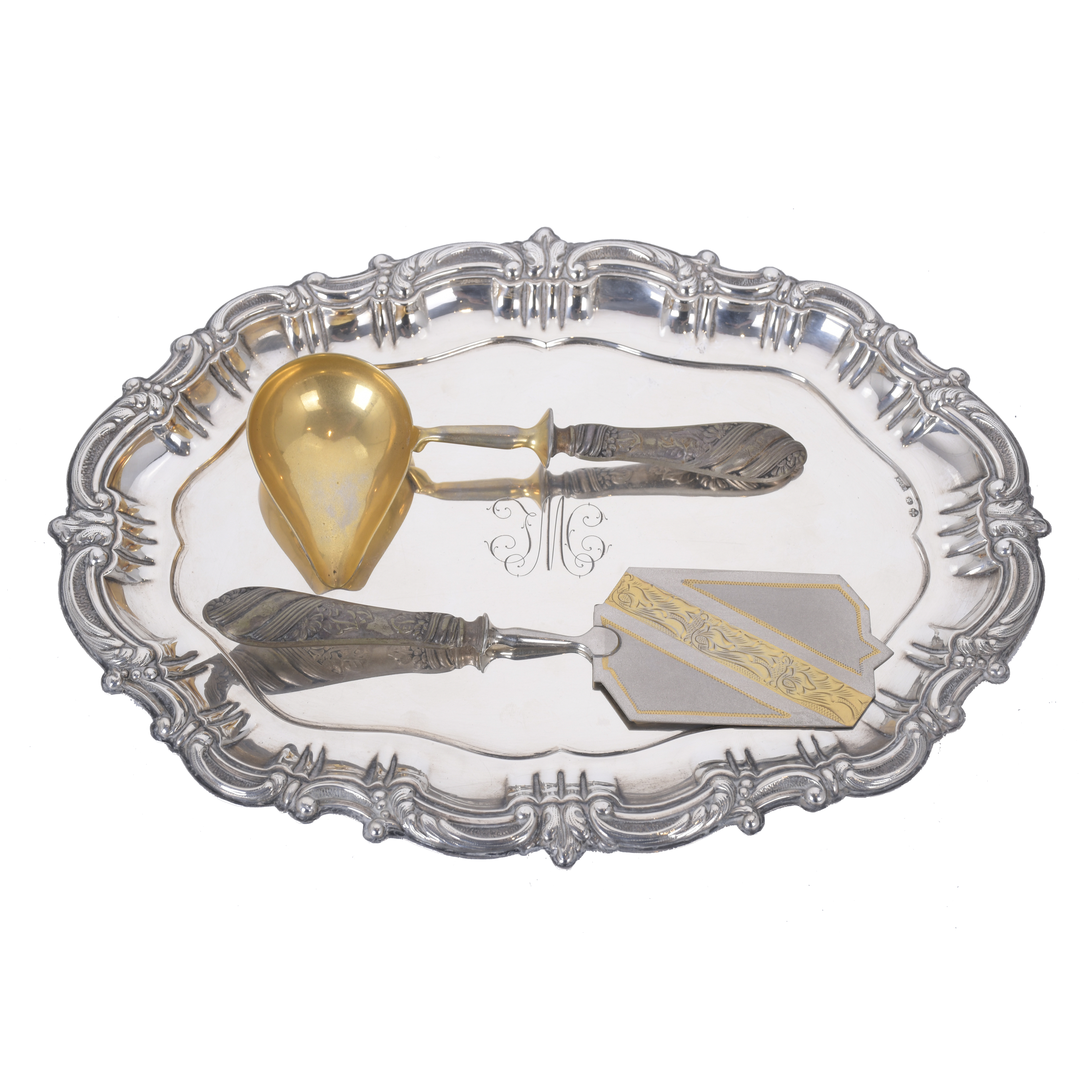 SET OF SILVER TEA TRAYS AND SERVING UTENSILS, SECOND HALF O