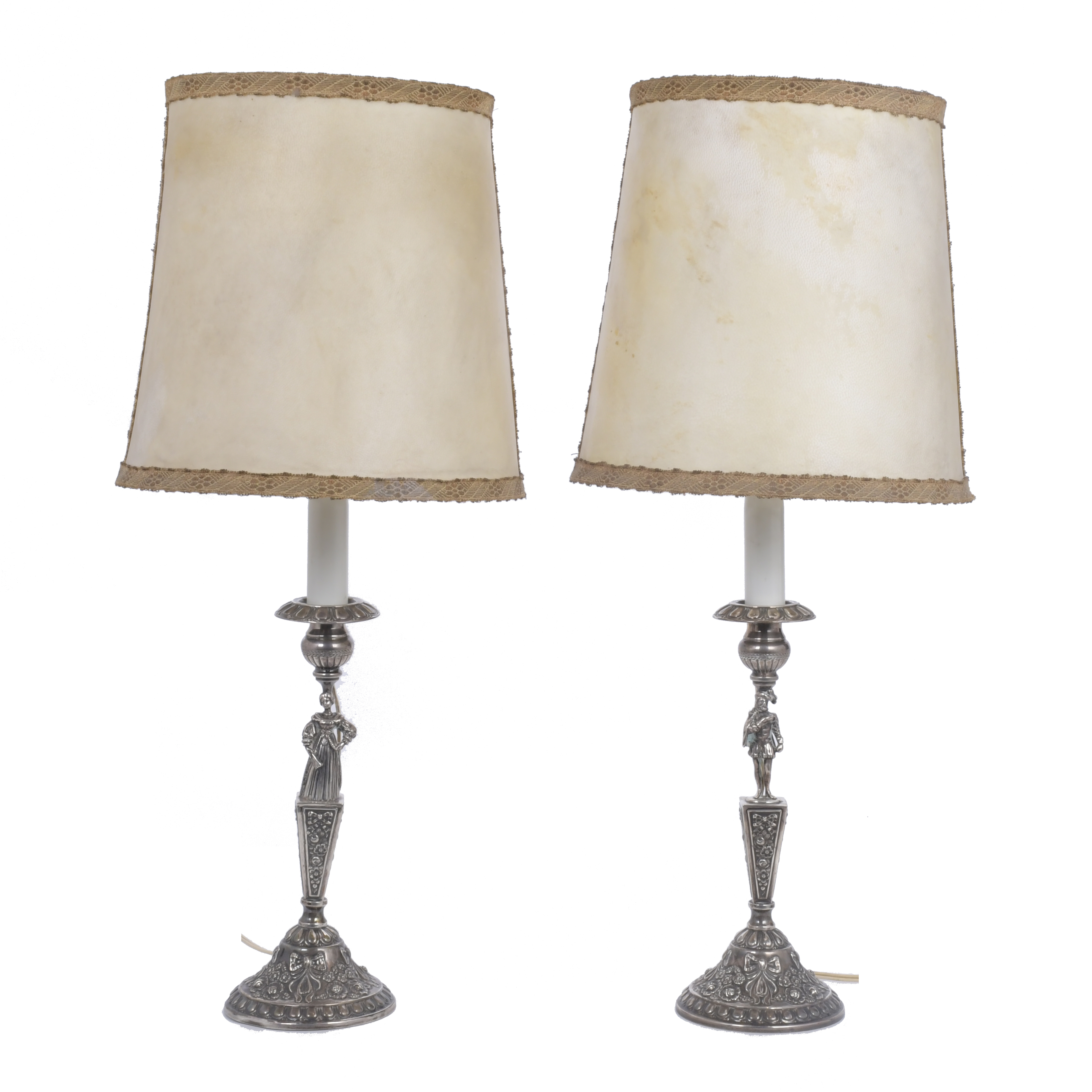 PAIR OF SILVER CANDLESTICKS MOUNTED AS LAMPS, 20TH CENTURY.