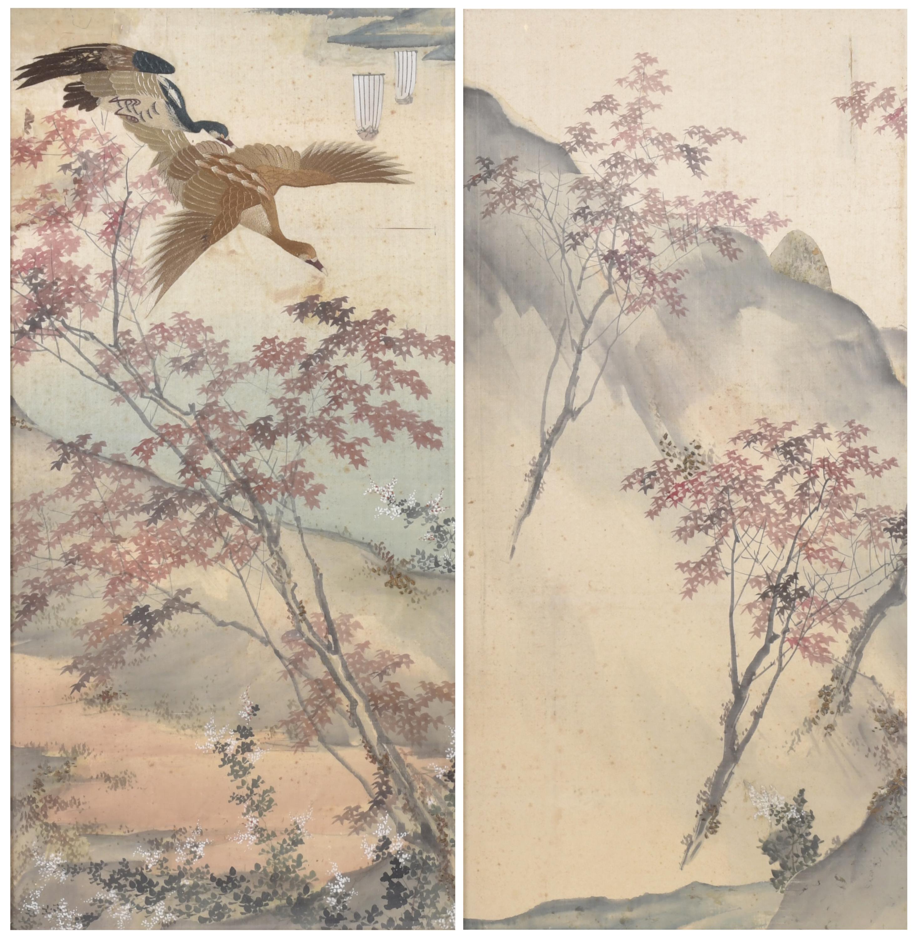 20TH CENTURY, JAPANESE SCHOOL. PAIR OF LANDSCAPES WITH GEES