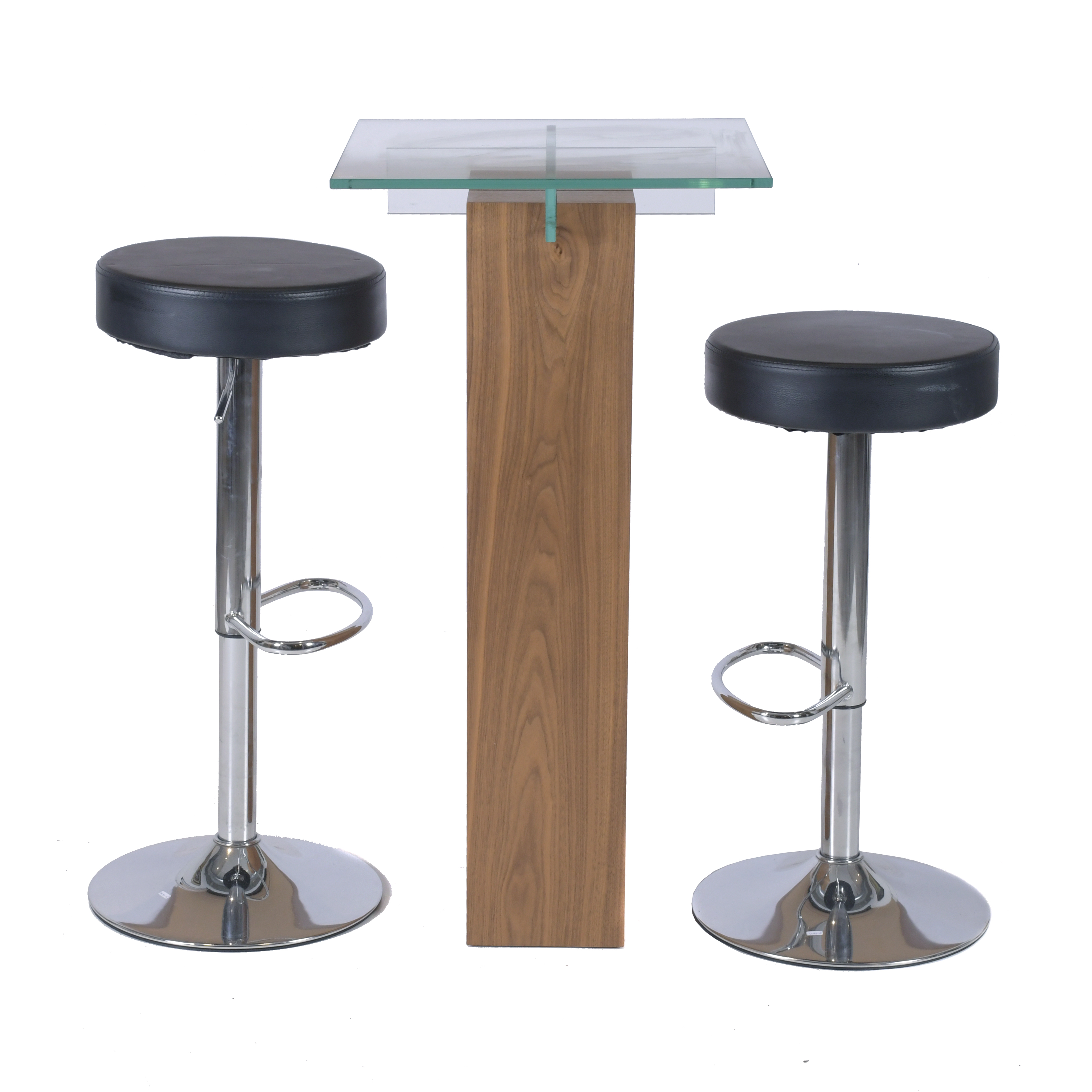 TABLE AND PAIR OF BAR STOOLS.