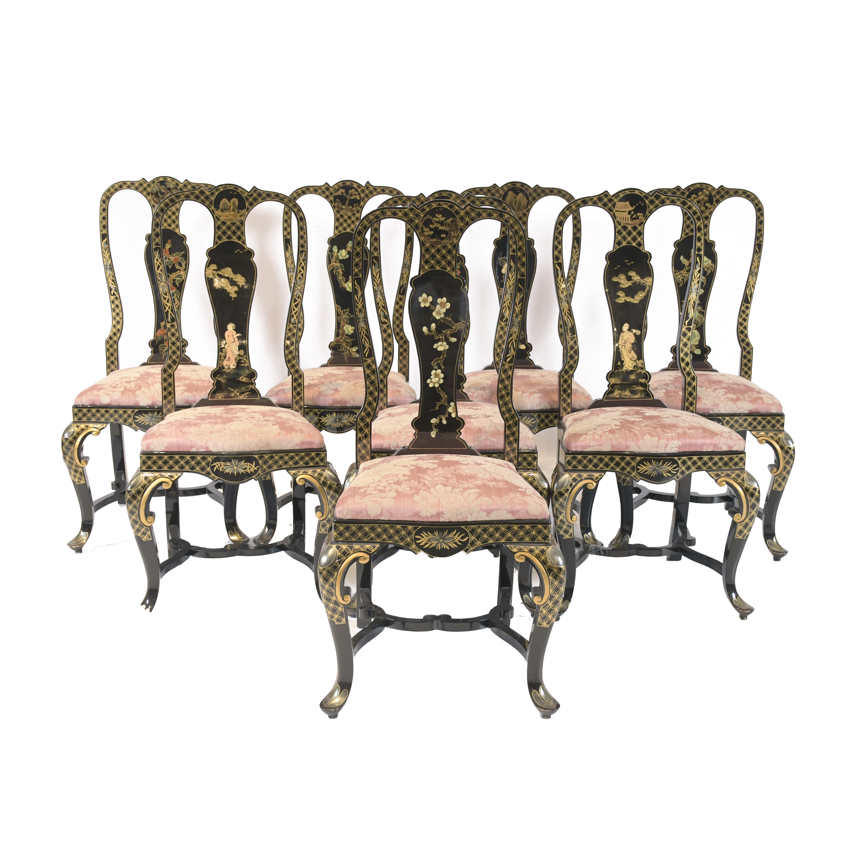 SET OF EIGHT GEORGE I STYLE BLACK-LACQUERED CHAIRS, CIRCA 1