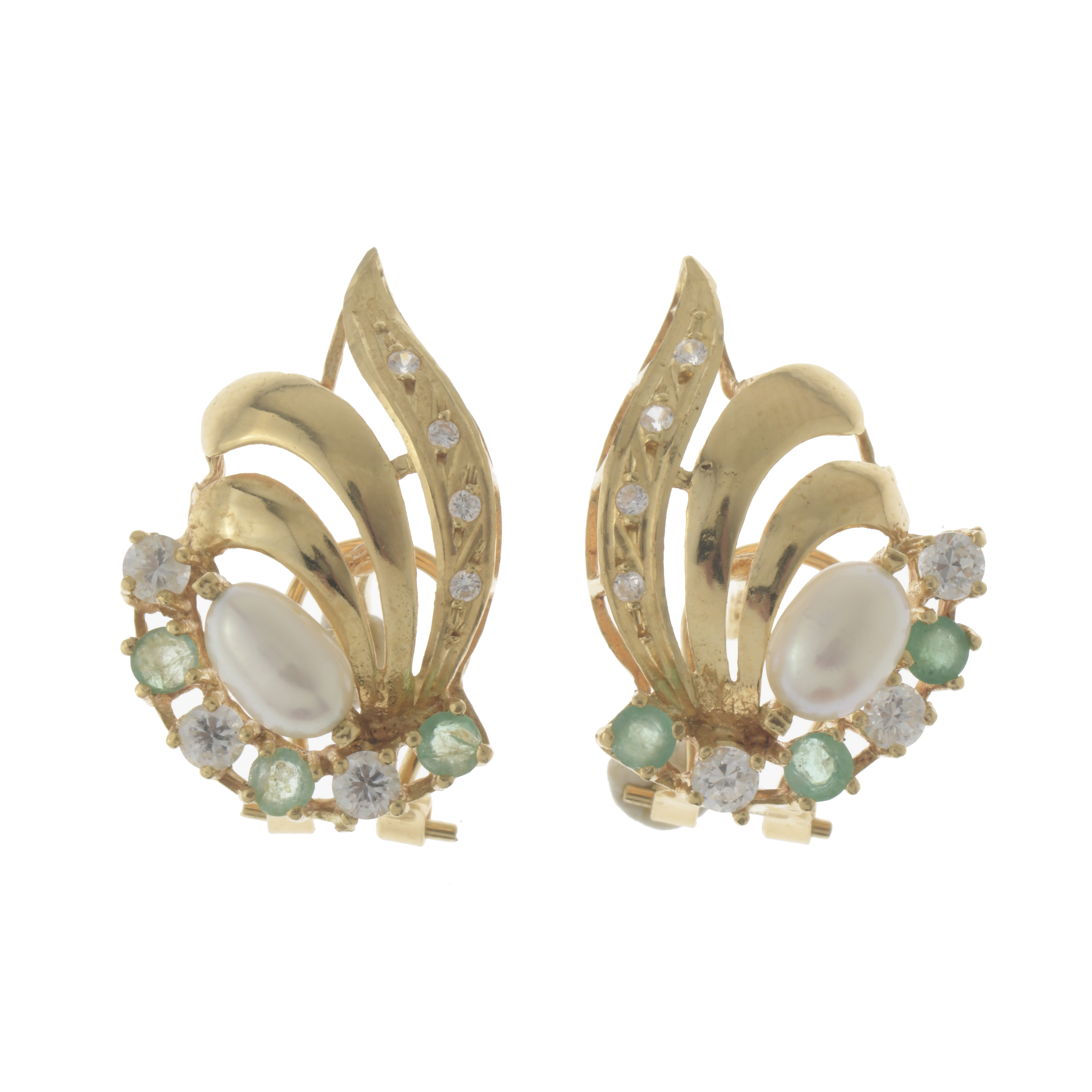 DIAMONDS, EMERALDS AND PEARLS EARRINGS.