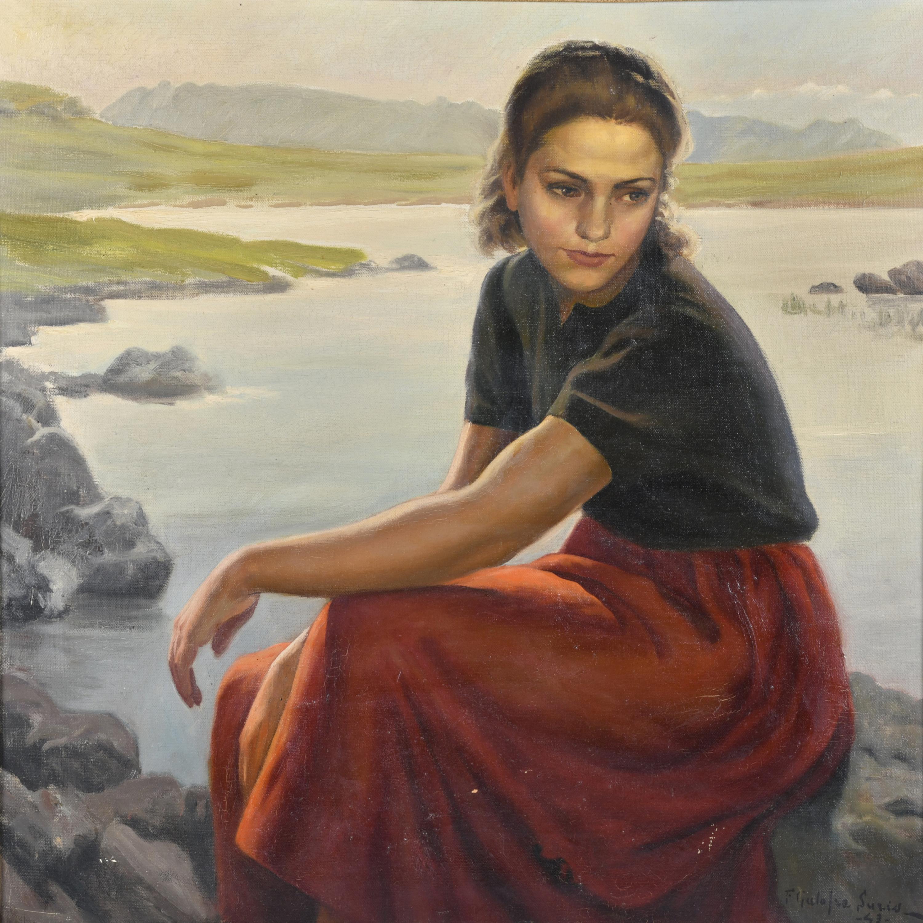 FRANCESC GALOFRE SURÍS (1901-1986). "Girl sitting by a lake