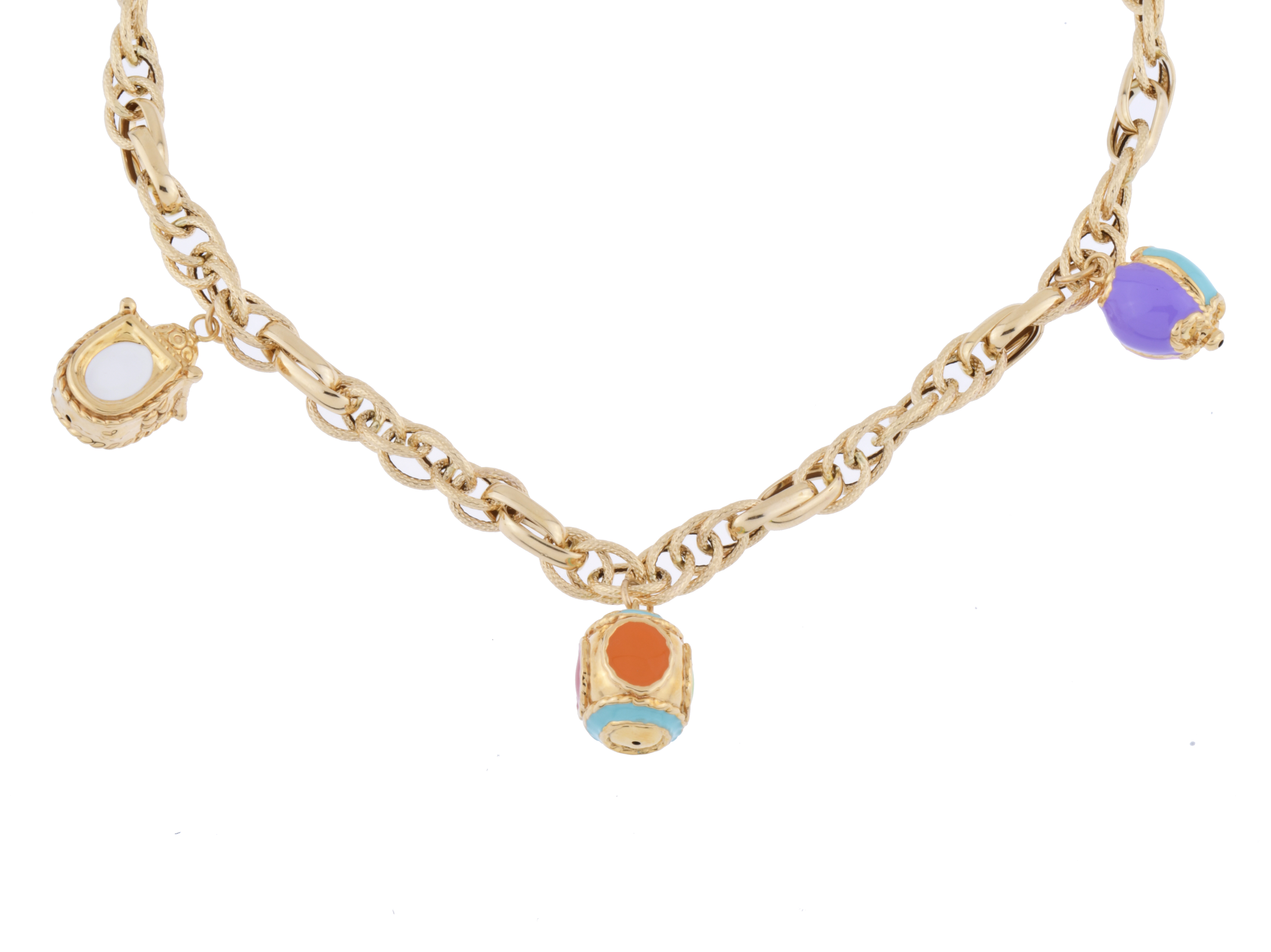 Necklace with enamelled pendants.