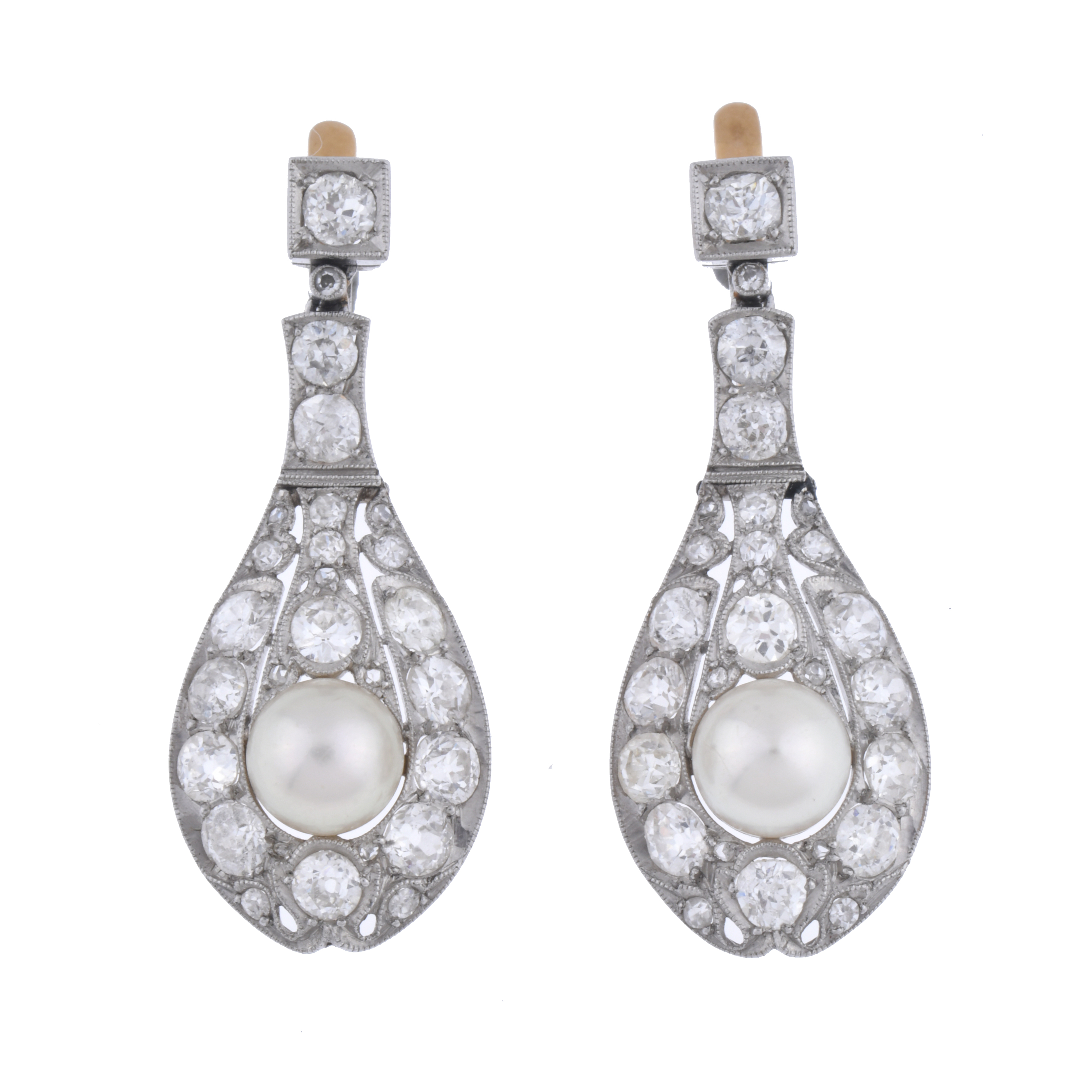 Pearls and diamonds earrings, circa 1900.