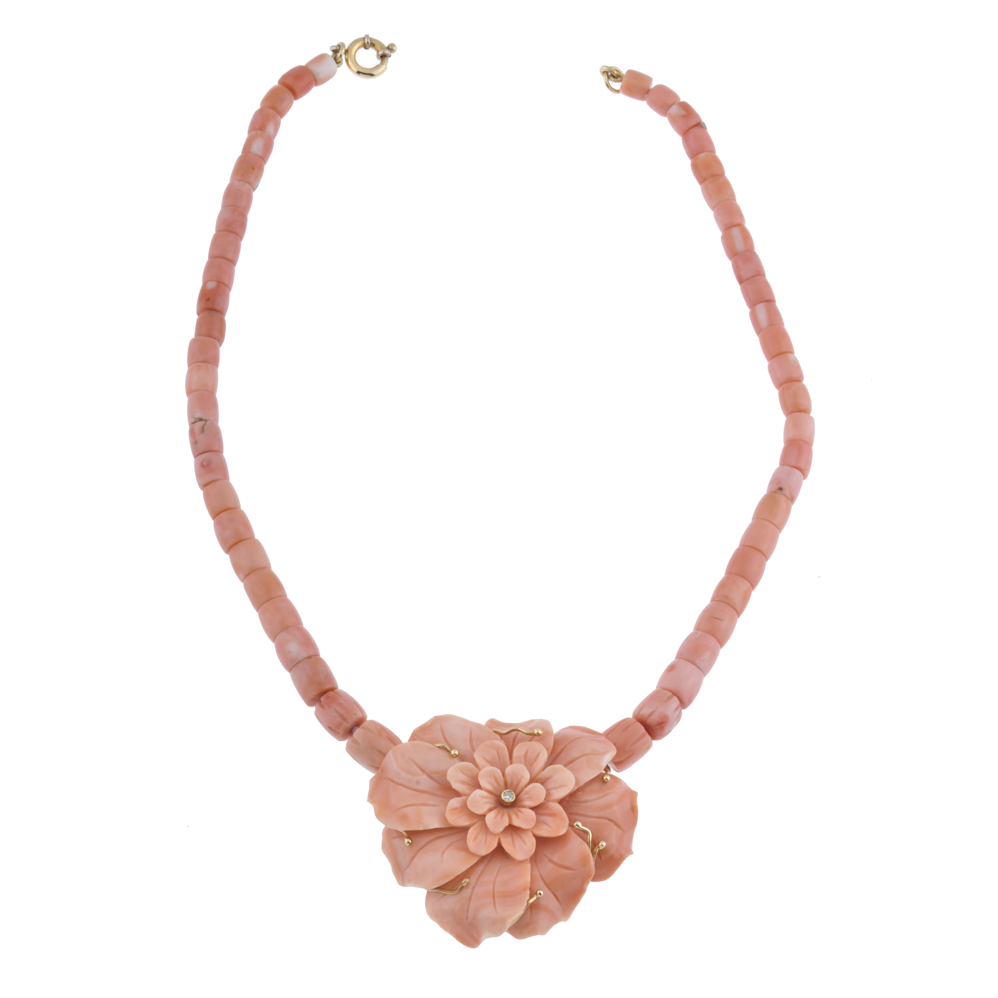 Floral necklace in angel skin coral and gold.