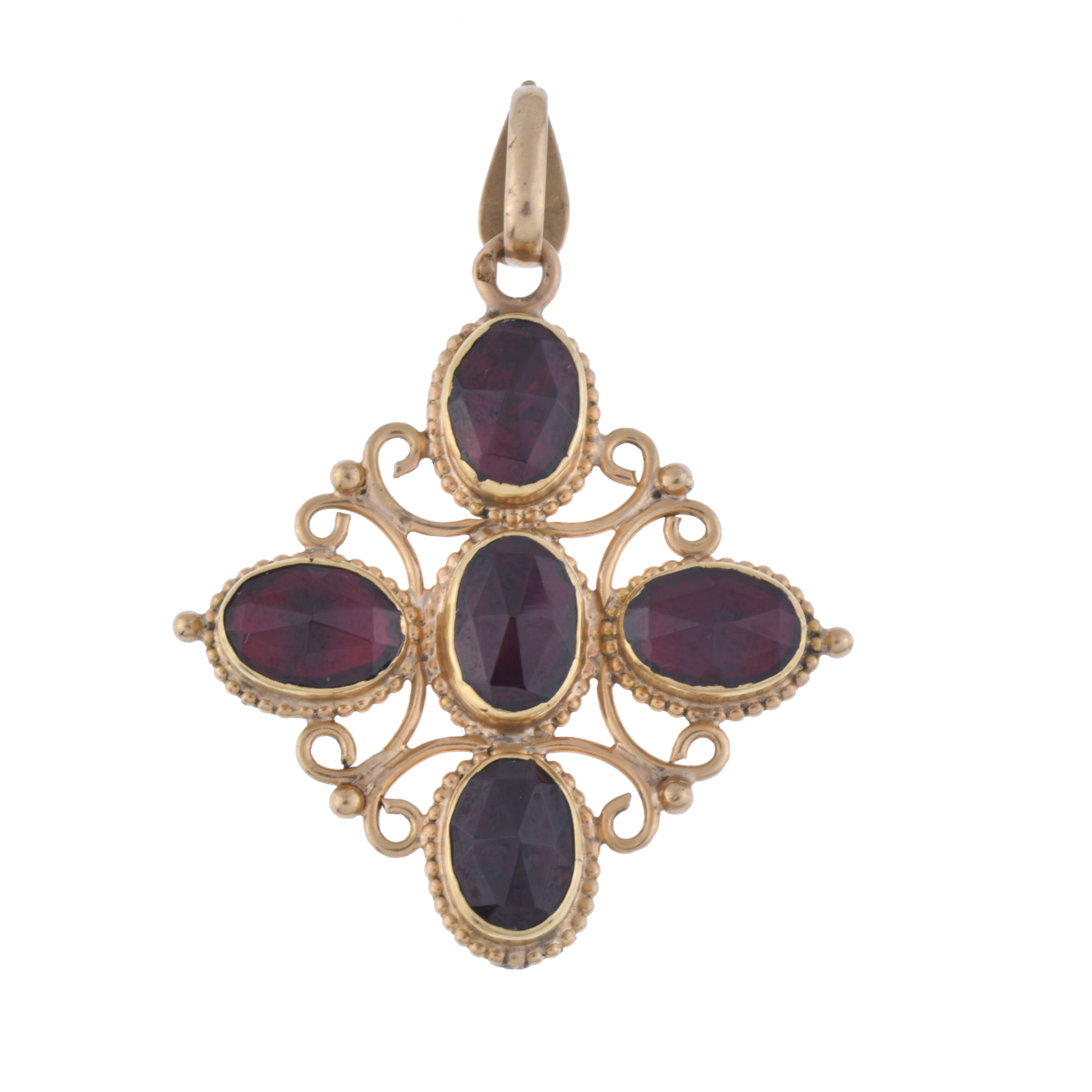 Cross-shaped garnets pendant.