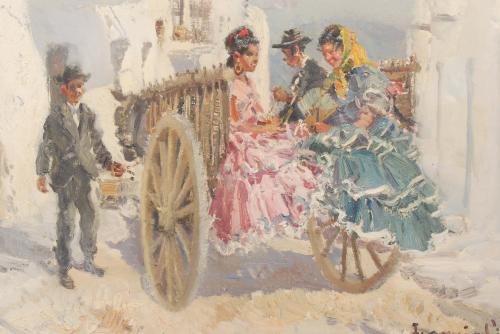 IGNACIO GIL (1913-2003), Personajes en un carro., Óleo sobr