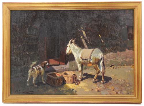 MIGUEL ACEVEDO (1947)"El burro y el perro"Óleo sobre lienzo