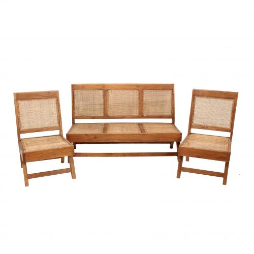 PIERRE JEANNERET (GINEBRA, SUIZA, 1896-1967)Conjunto de salón formado por canapé y pareja de sillas, circa 1955-1956.